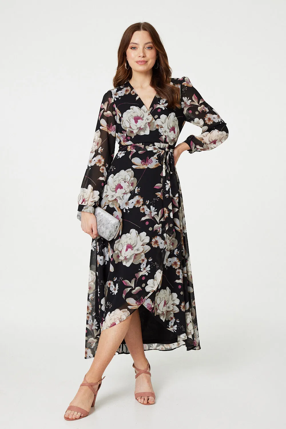 Izabel London - Floral Long Sleeve Tie Waist Wrap Midi Dress