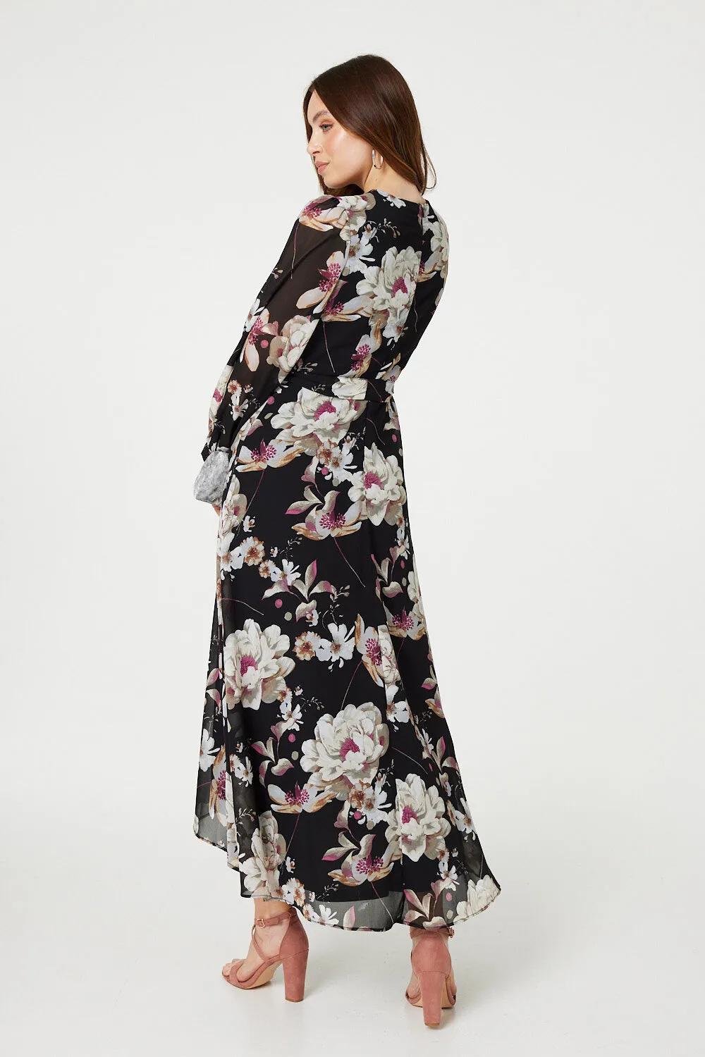 Izabel London - Floral Long Sleeve Tie Waist Wrap Midi Dress