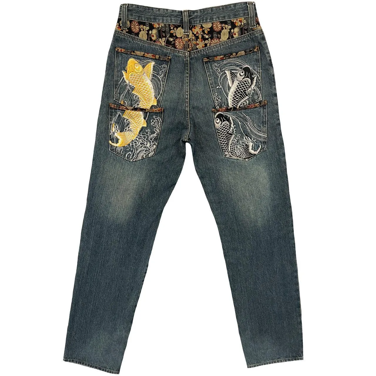 Japanese Koi Fish Multi-pocket Denim Jeans