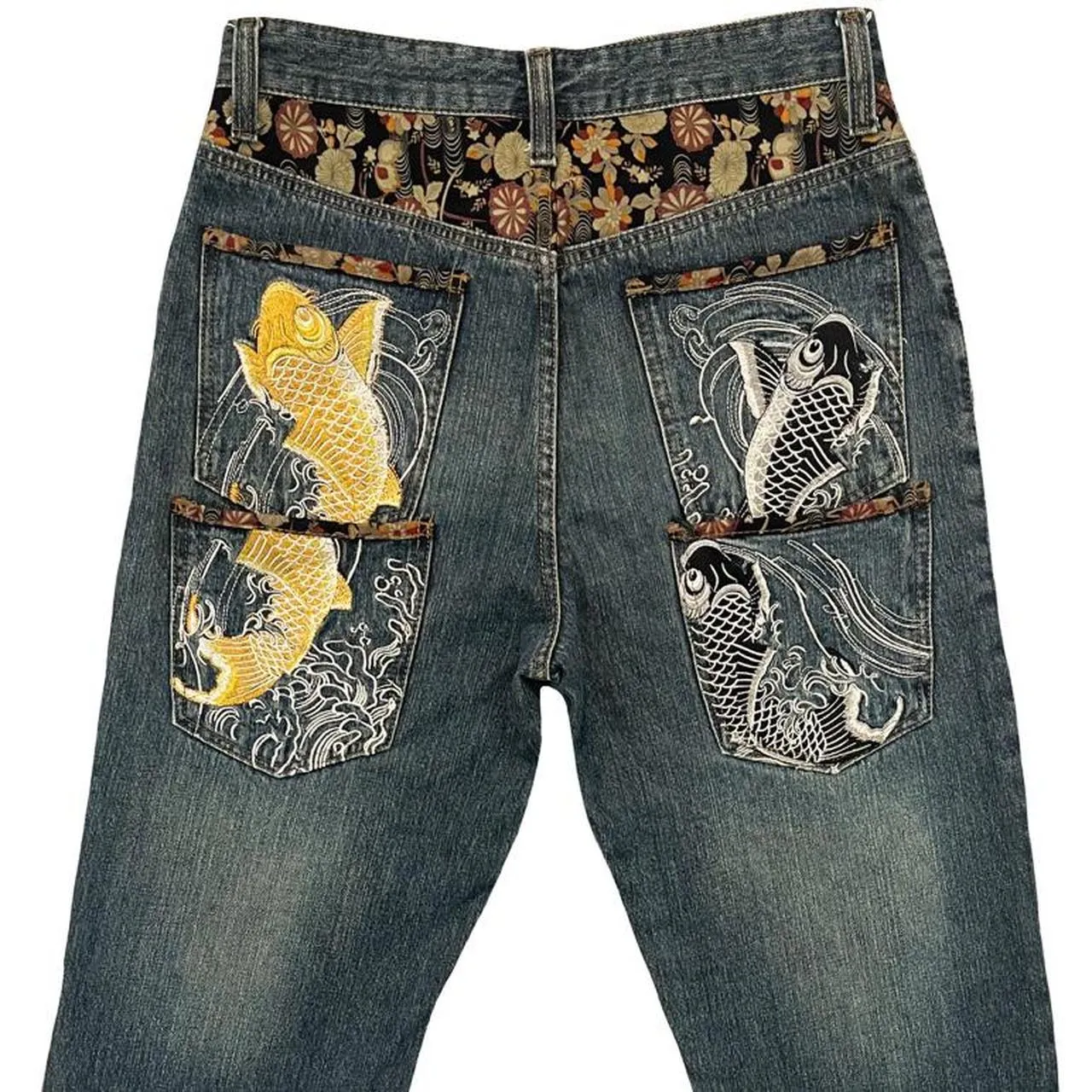 Japanese Koi Fish Multi-pocket Denim Jeans