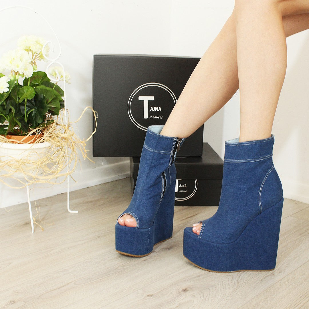 Jean Demin Peep Toe Wedge Booties