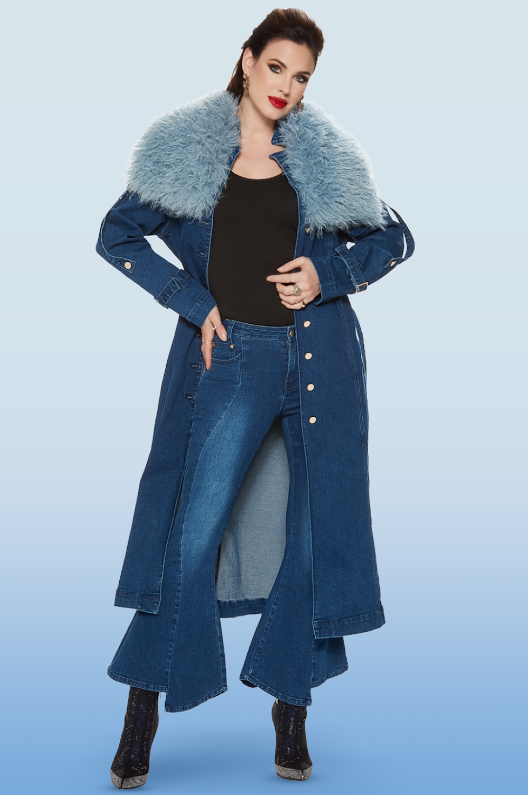 Jean Denim Blue Faux Fur Collar Coat