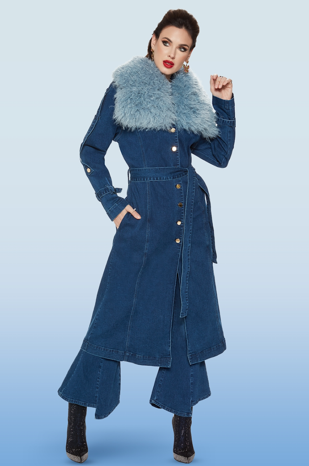 Jean Denim Blue Faux Fur Collar Coat