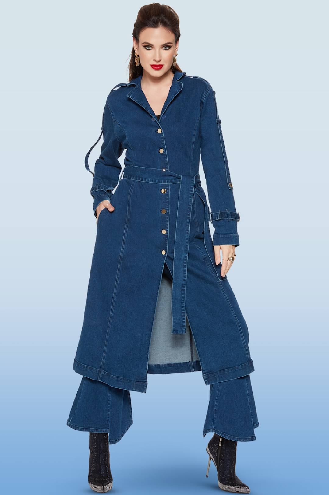 Jean Denim Blue Faux Fur Collar Coat