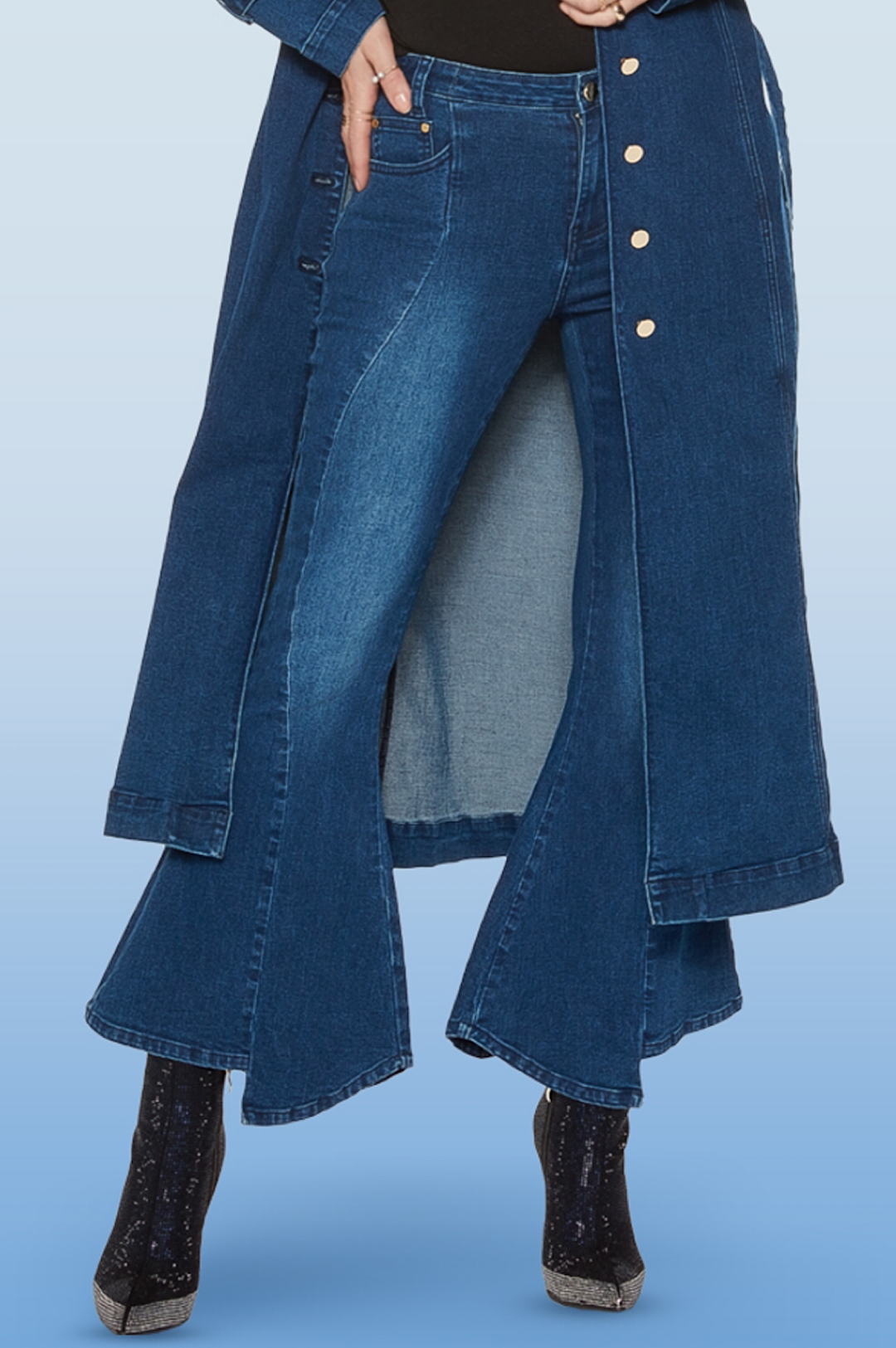 Jean Denim Blue Faux Fur Collar Coat