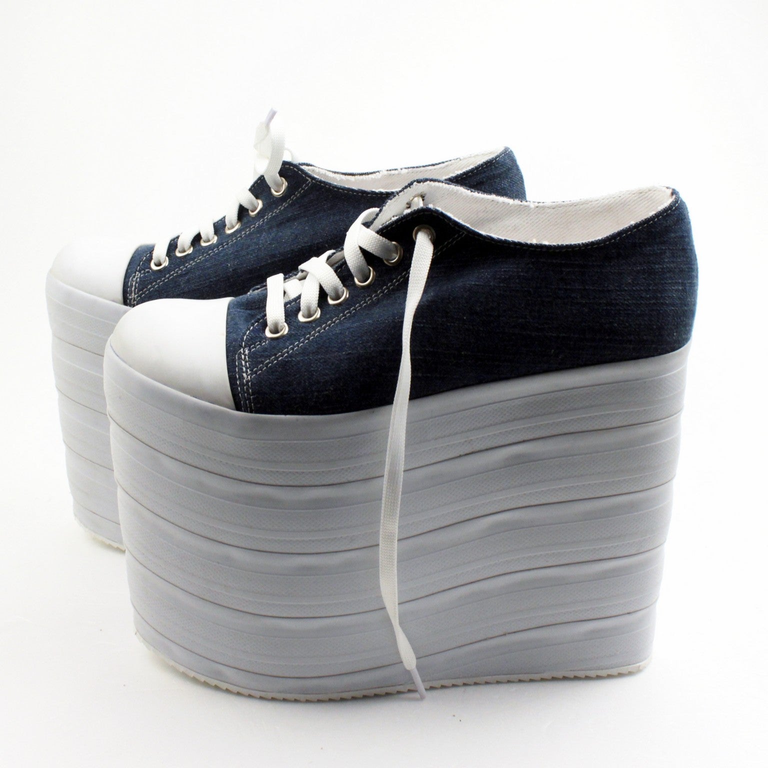 Jean Denim Lace Up Platform Wedge Shoes.