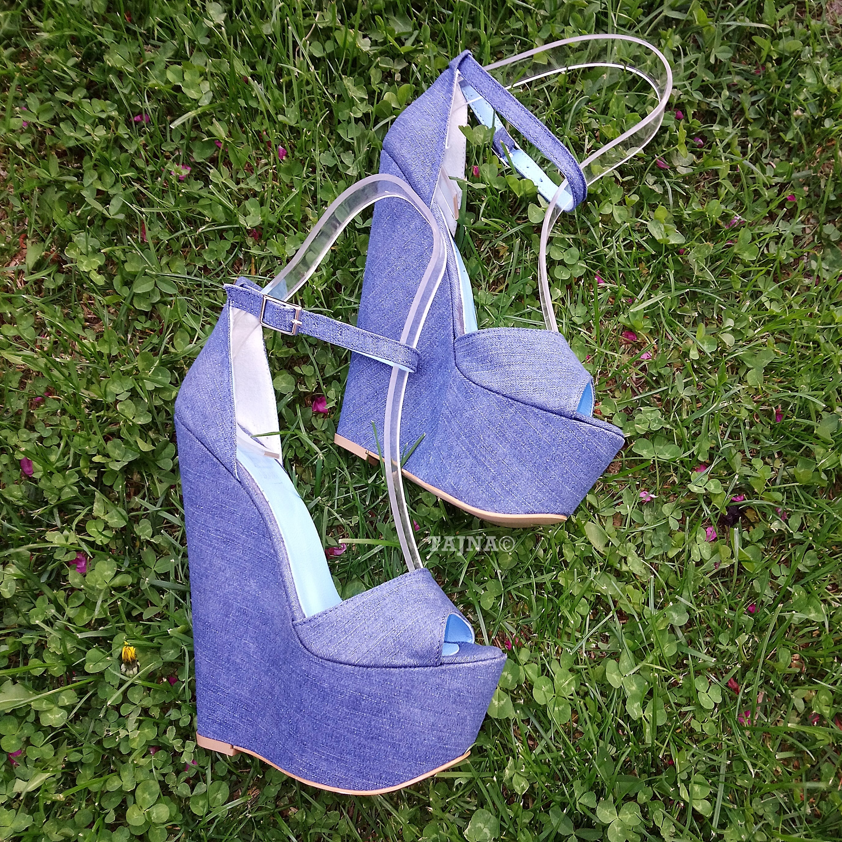 Jean Denim Wedge Shoes with High Heel and Ankle Strap