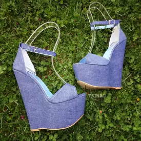 Jean Denim Wedge Shoes with High Heel and Ankle Strap