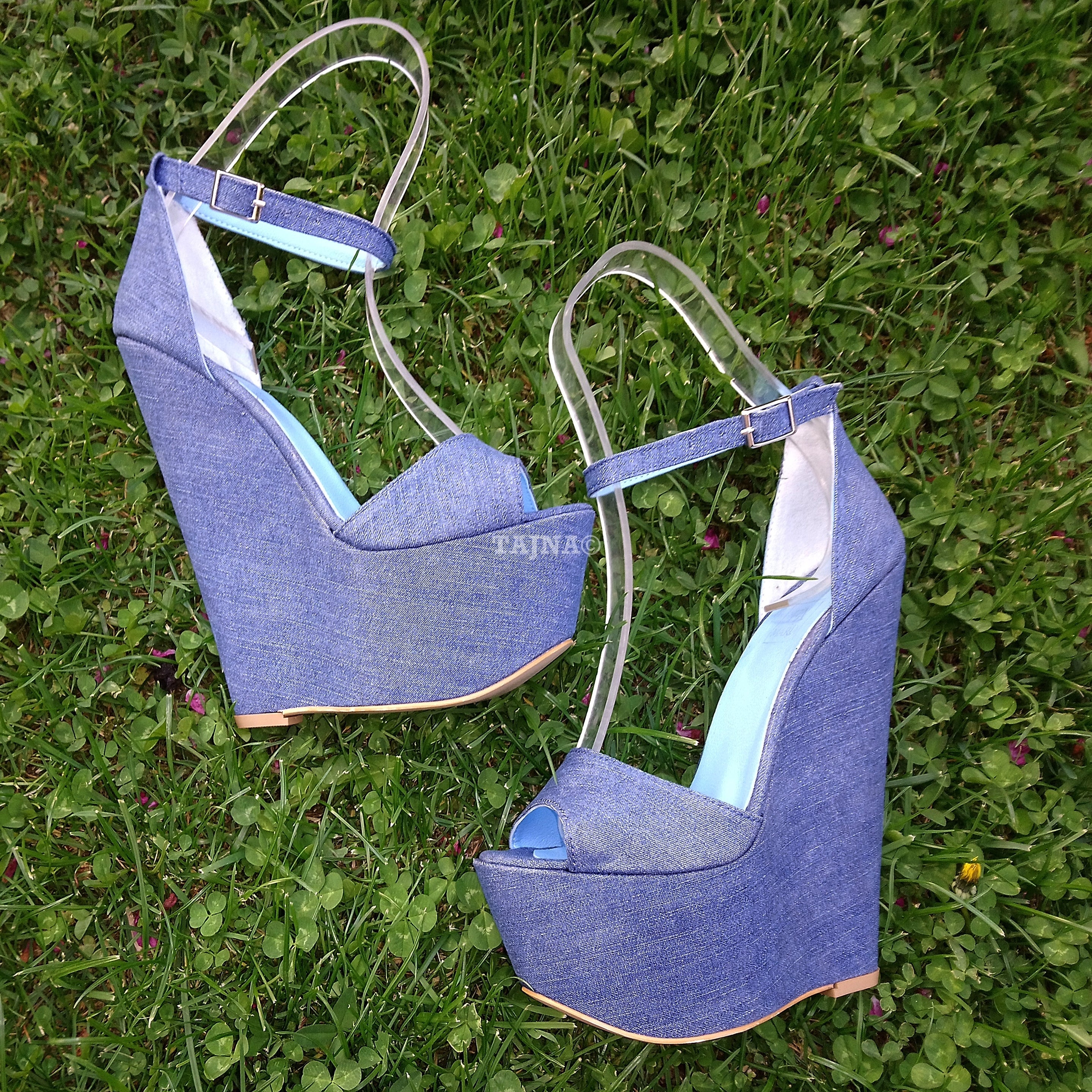 Jean Denim Wedge Shoes with High Heel and Ankle Strap