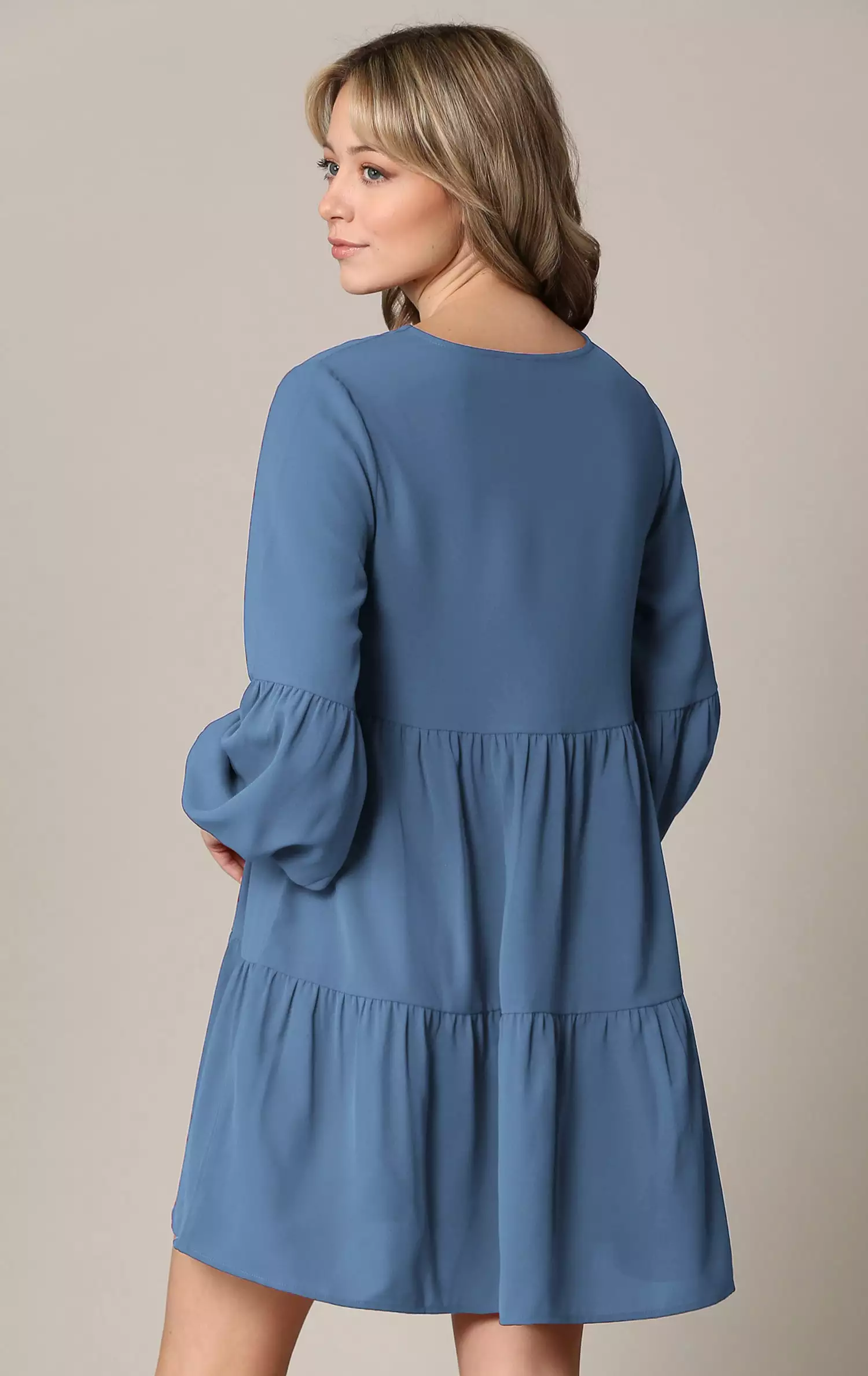 Johnny Casual Flowy Swing Shift Dress with Long Sleeves and Tiered Design