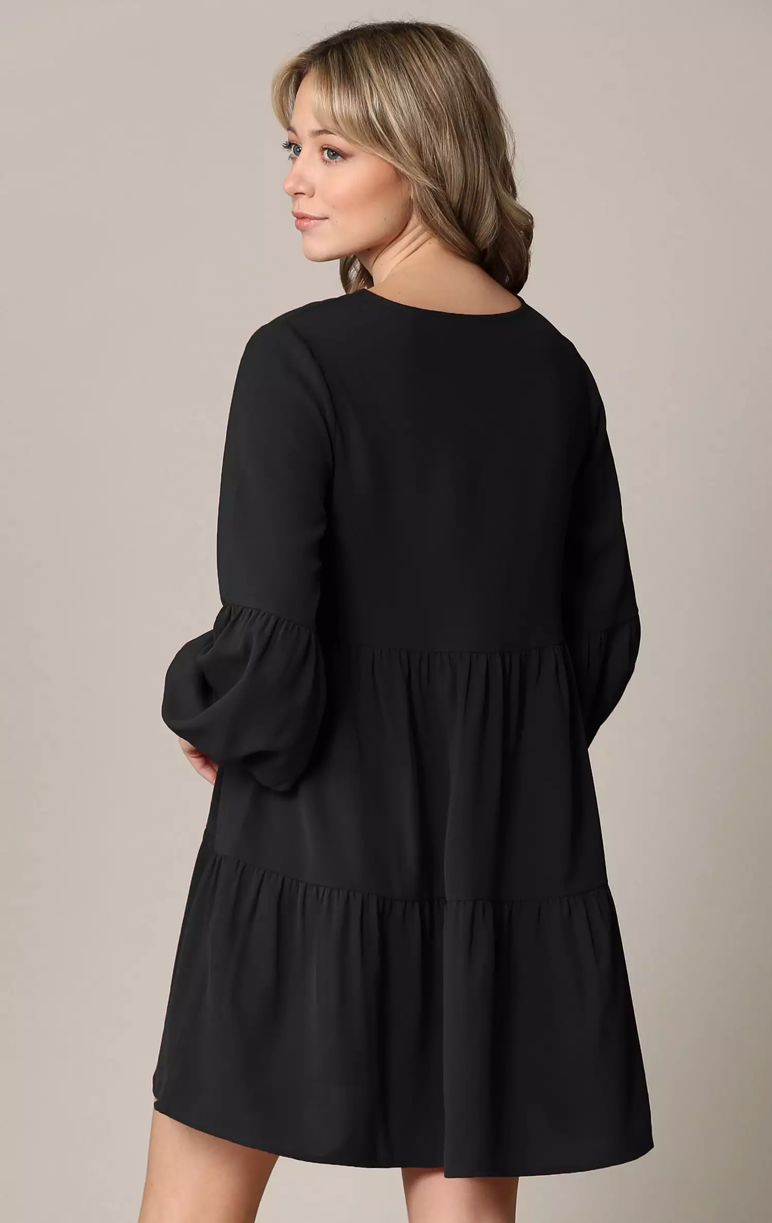 Johnny Casual Flowy Swing Shift Dress with Long Sleeves and Tiered Design