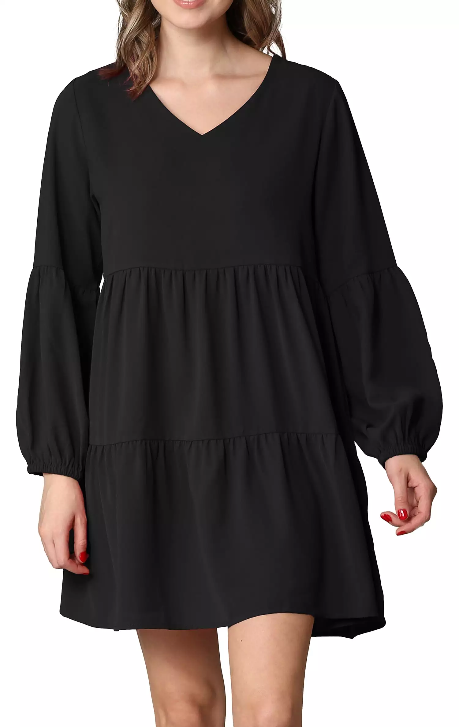 Johnny Casual Flowy Swing Shift Dress with Long Sleeves and Tiered Design