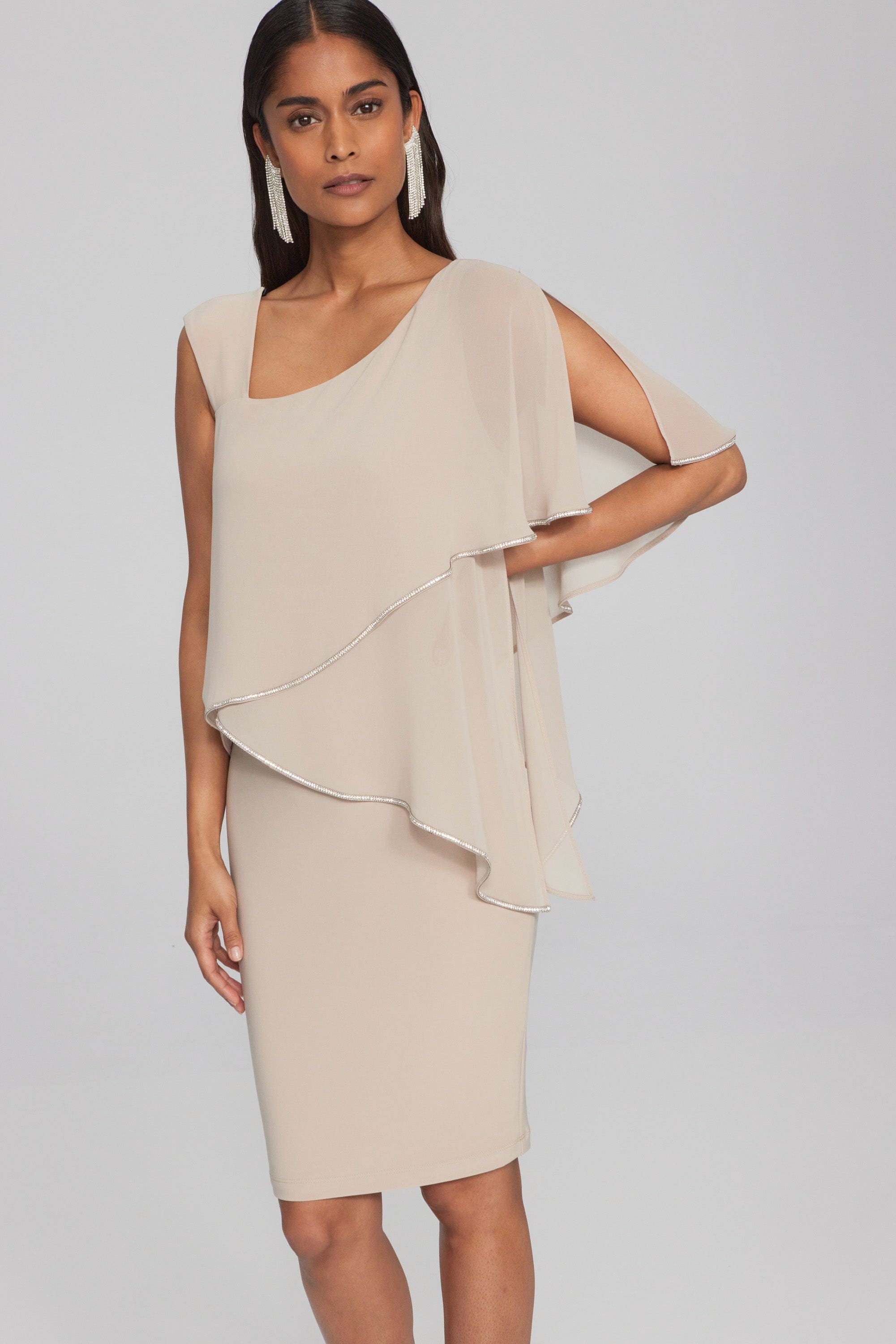 Joseph Ribkoff 241721 Dress: Silky Knit and Chiffon Asymmetrical Sheath