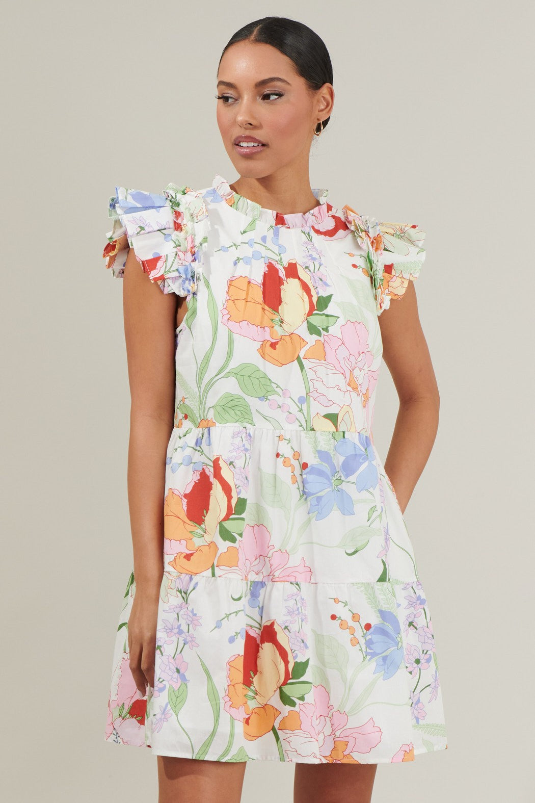 Juliet Floral Garden Lauren Mini Dress - White Multi