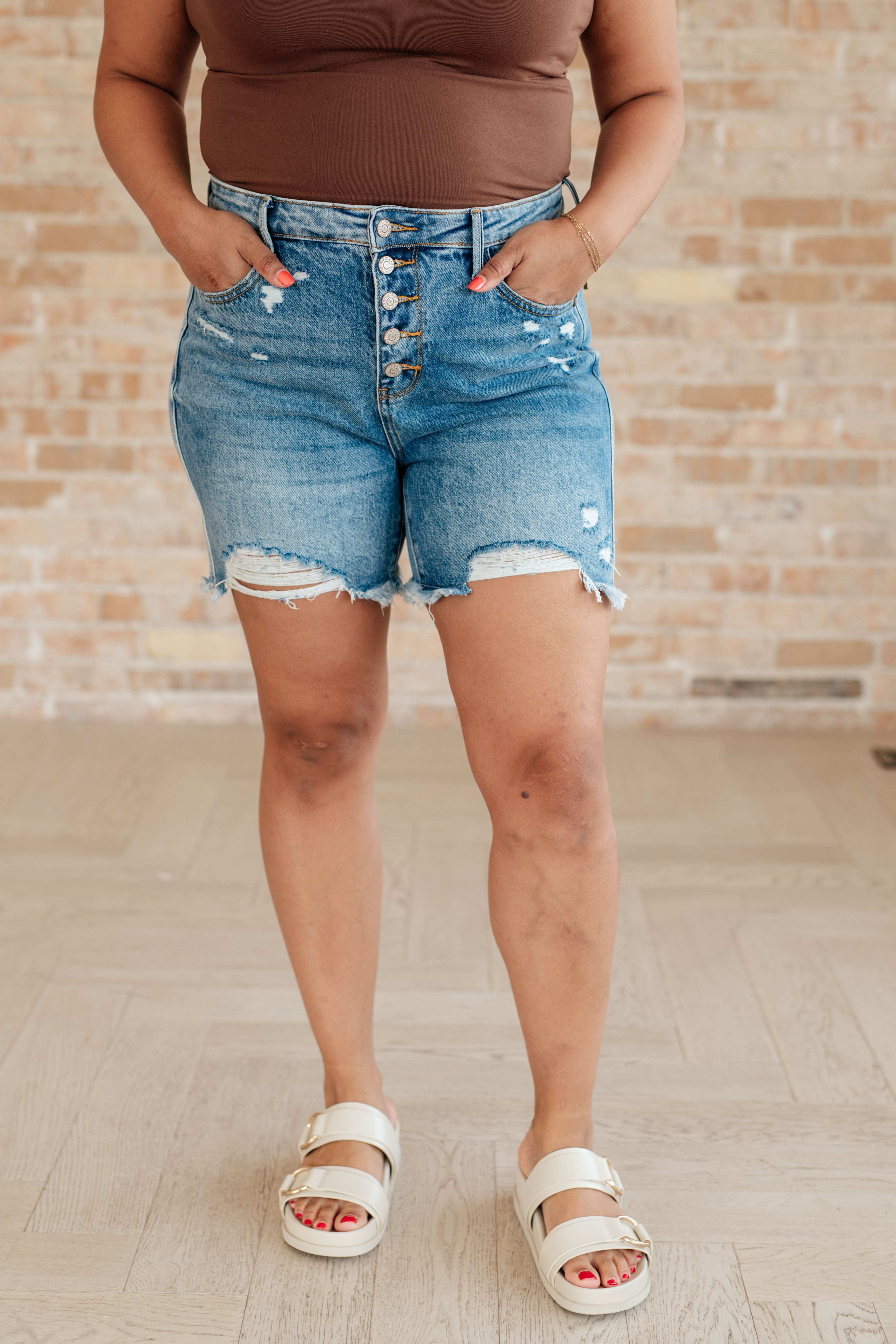 Kara High Rise Denim Button Fly Cutoff Shorts