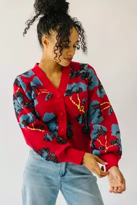 Kennard Floral Button-Up Sweater, Red