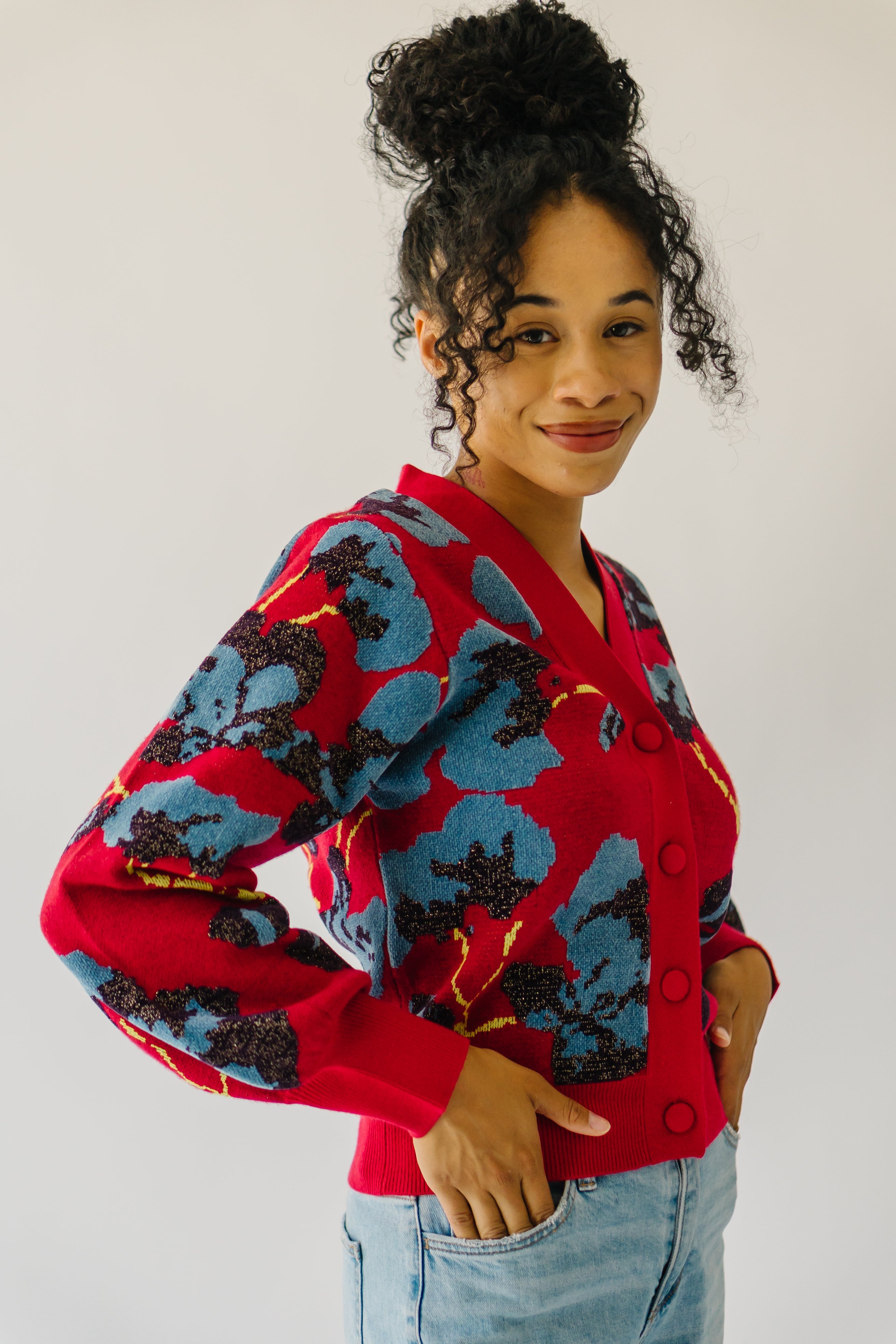 Kennard Floral Button-Up Sweater, Red