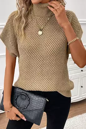 Khaki short sleeve turtleneck sweater.