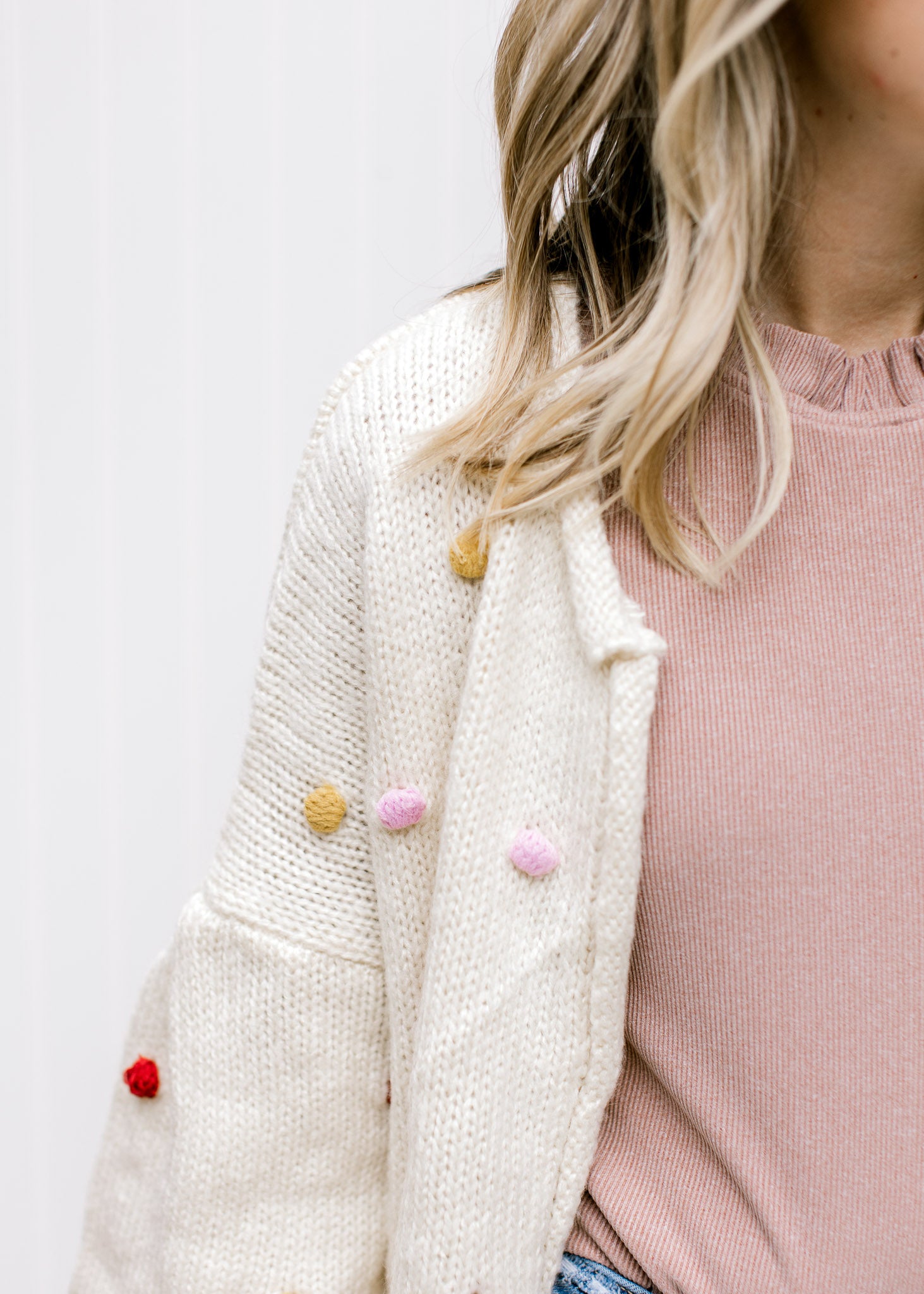 Knitted Oatmeal Sweater with Pom Pom Detail