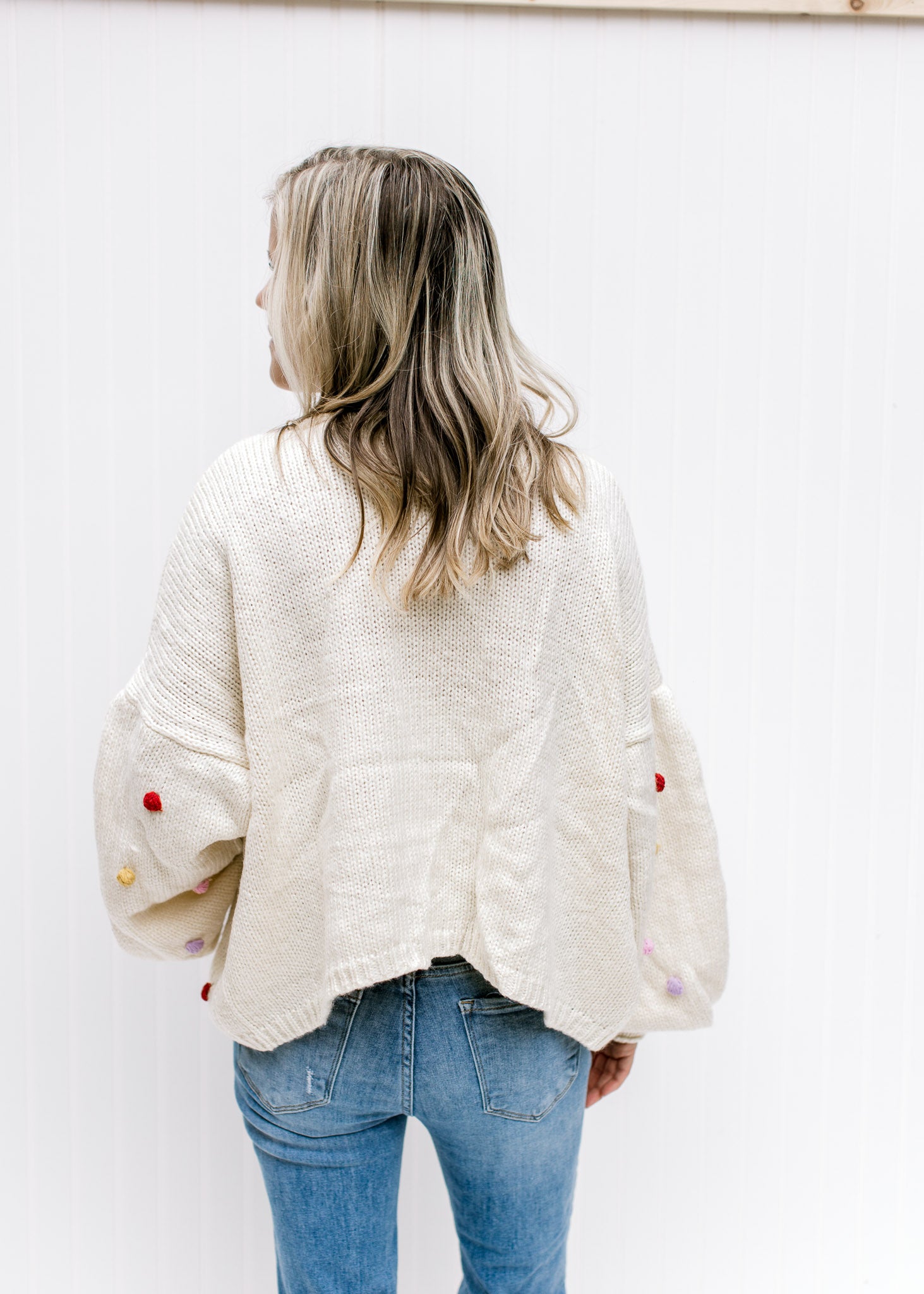 Knitted Oatmeal Sweater with Pom Pom Detail