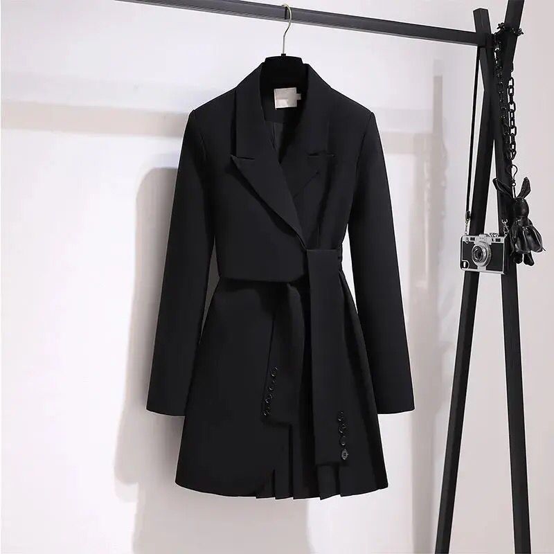 Korean Fashion Lace Up Waist Notched Long Sleeve Pleated Suit Dress