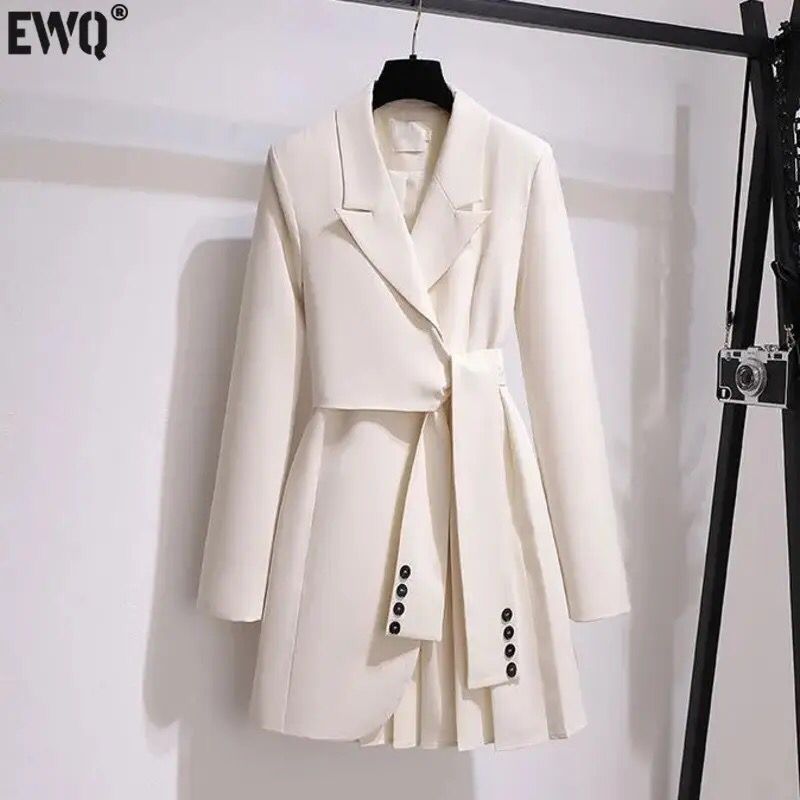 Korean Fashion Lace Up Waist Notched Long Sleeve Pleated Suit Dress