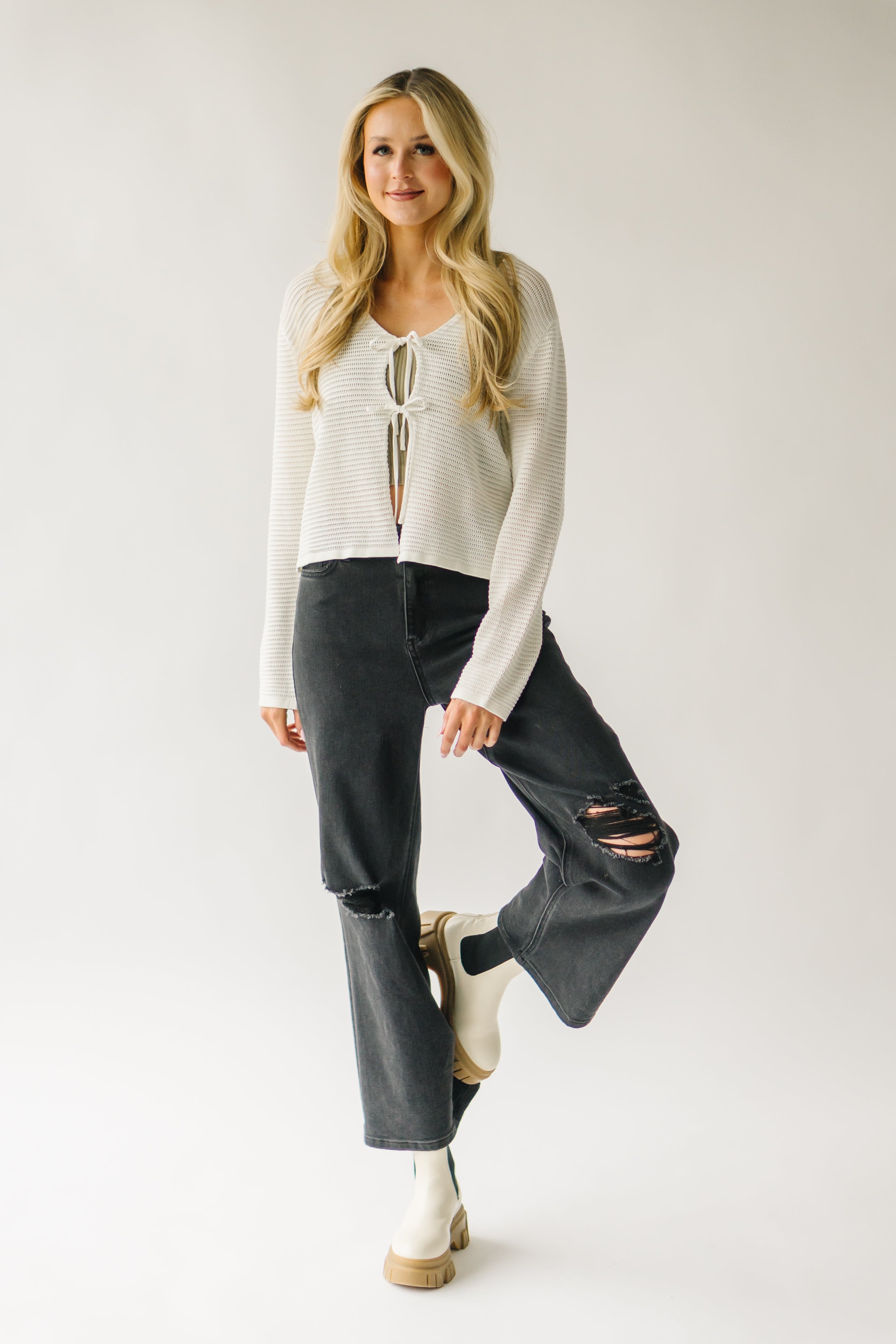 Lamesa Textured Tie Cardigan - Ivory | Shop Now