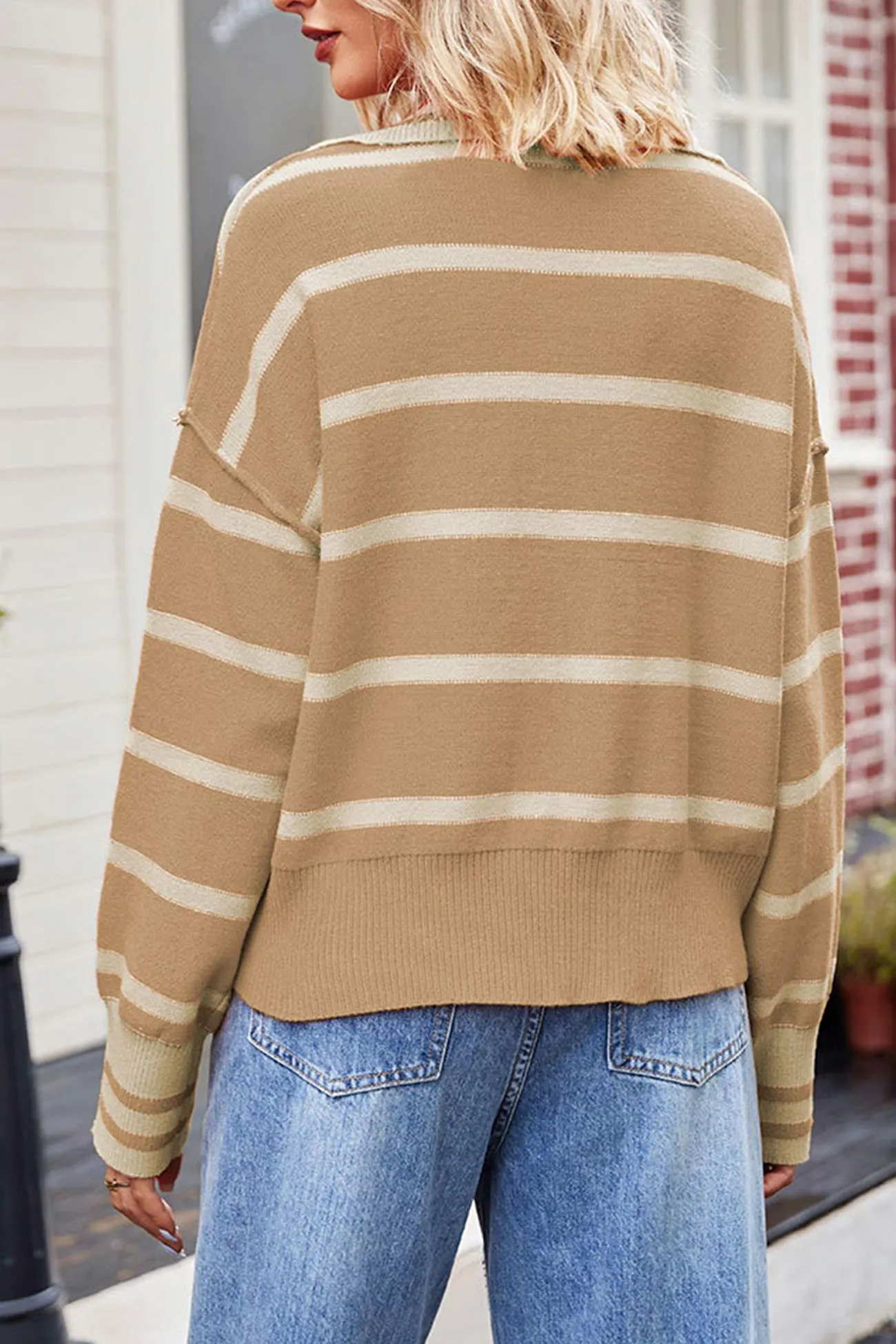 Striped Lapel V-neck Sweater