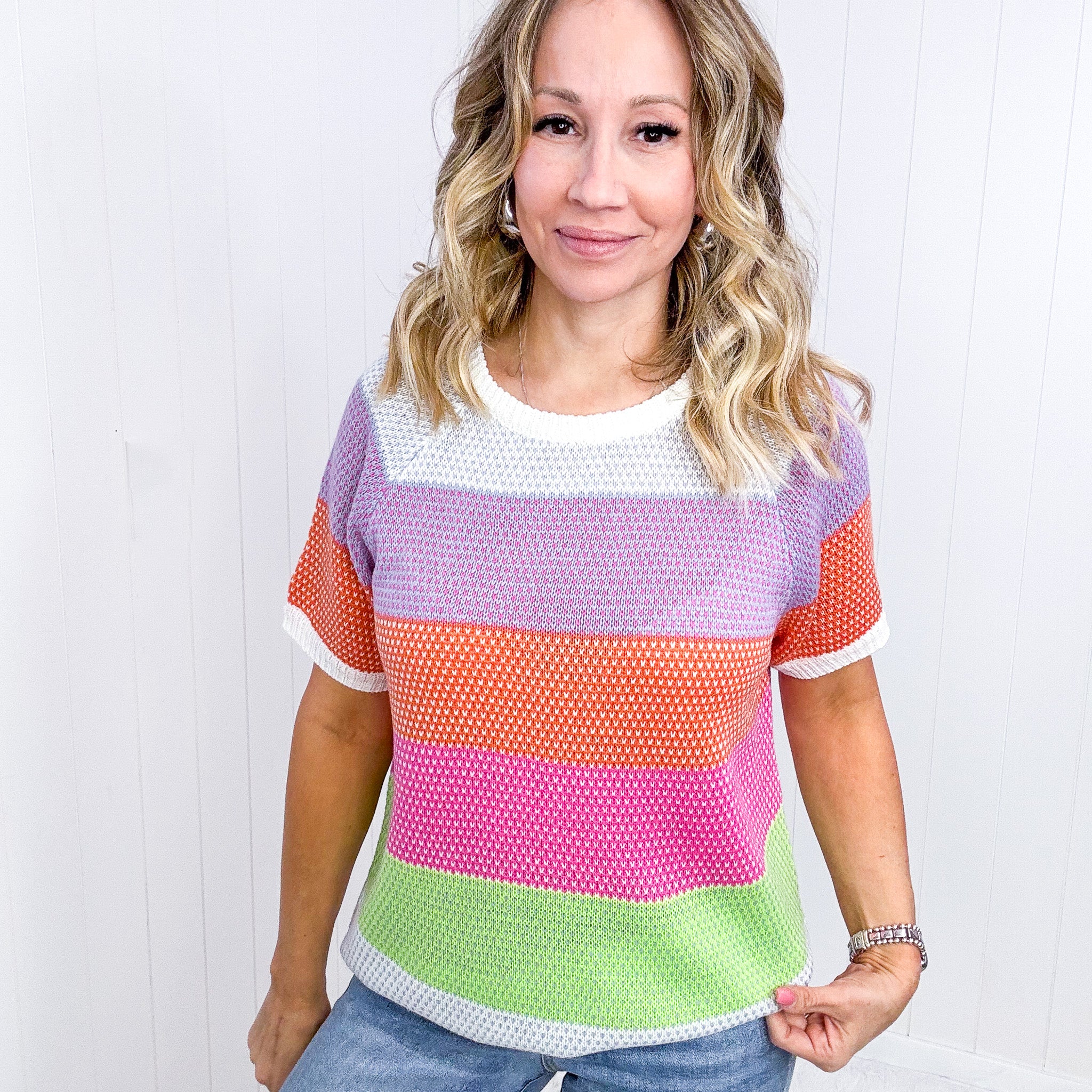 Lavender and Orange Striped Short Sleeve Sweater Top