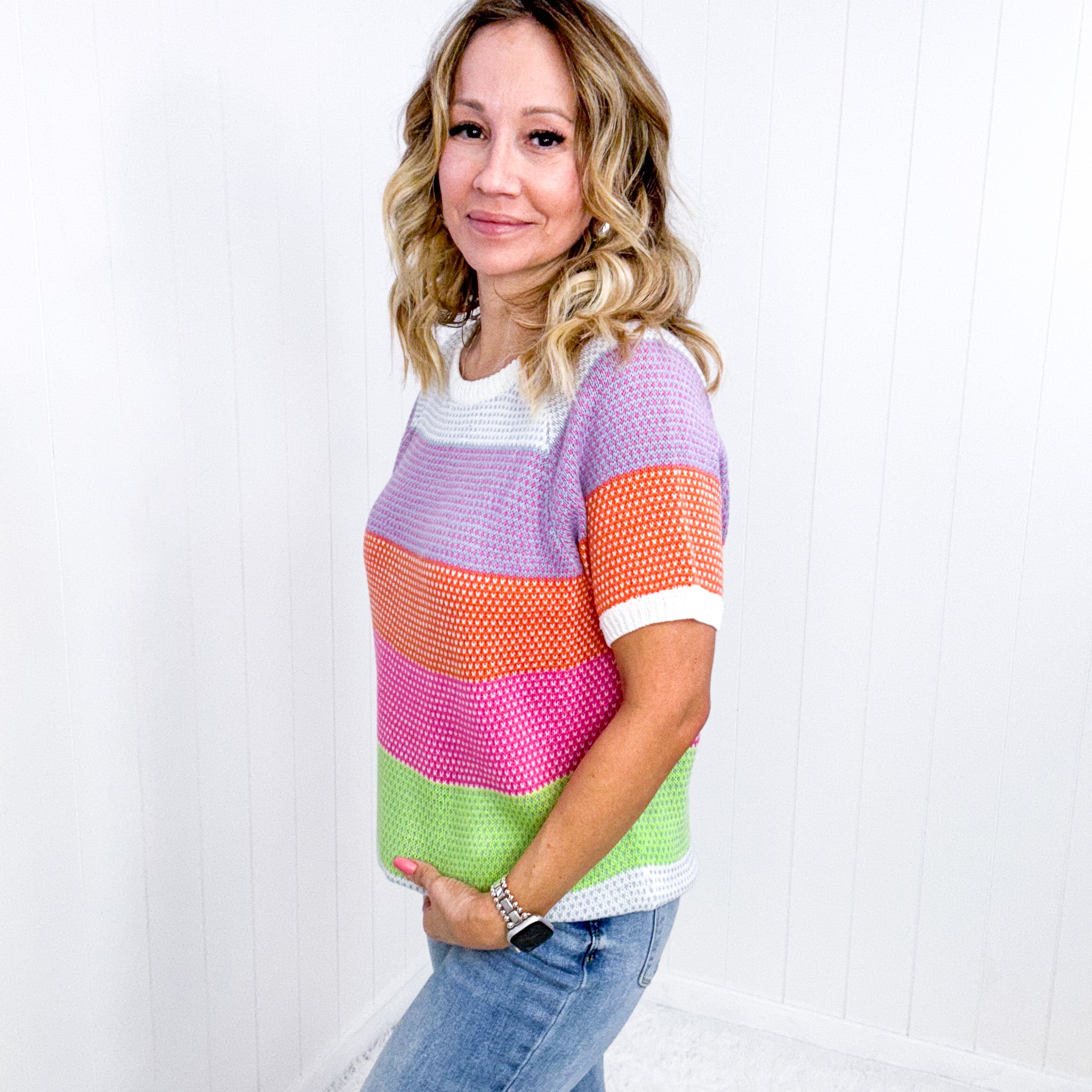 Lavender and Orange Striped Short Sleeve Sweater Top