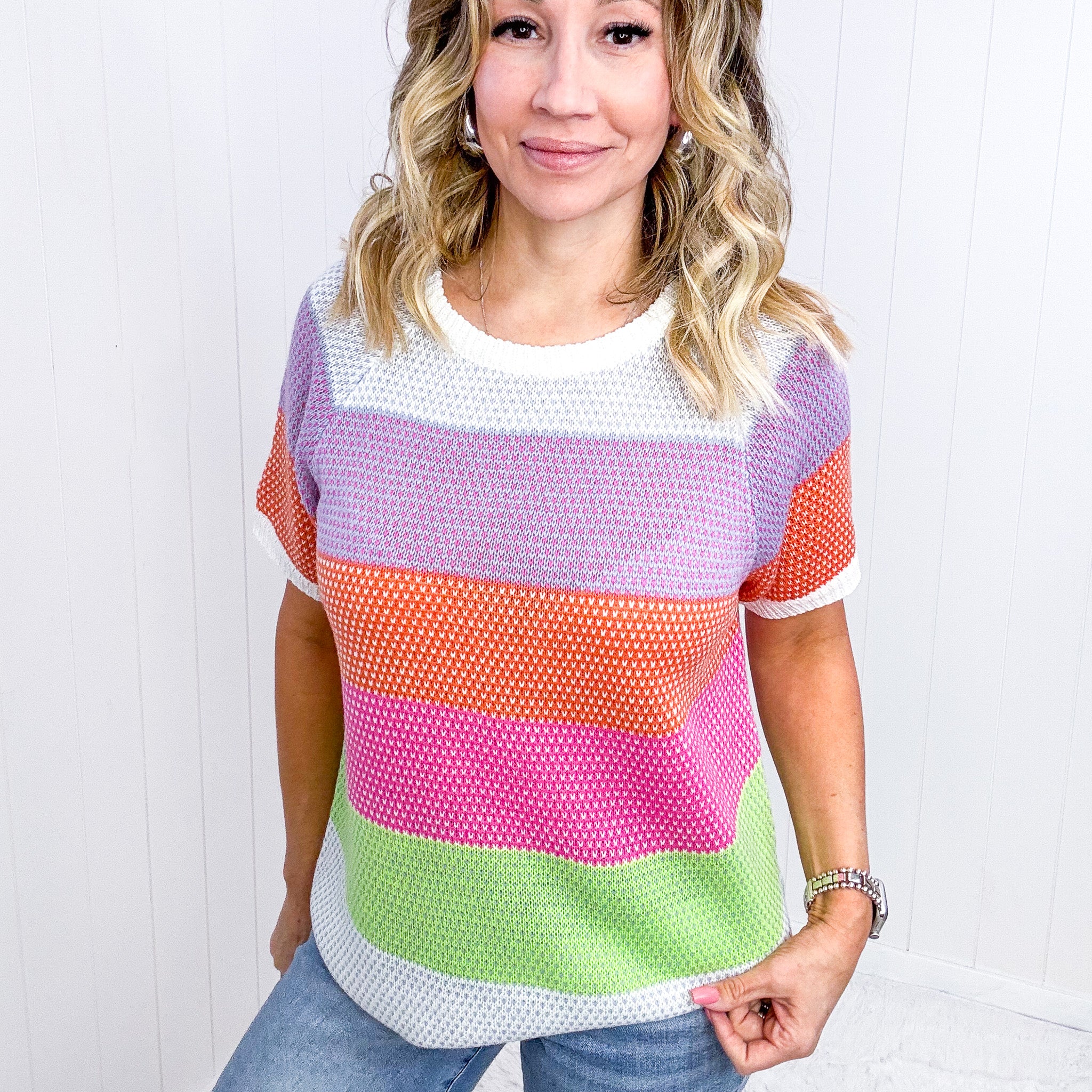 Lavender and Orange Striped Short Sleeve Sweater Top