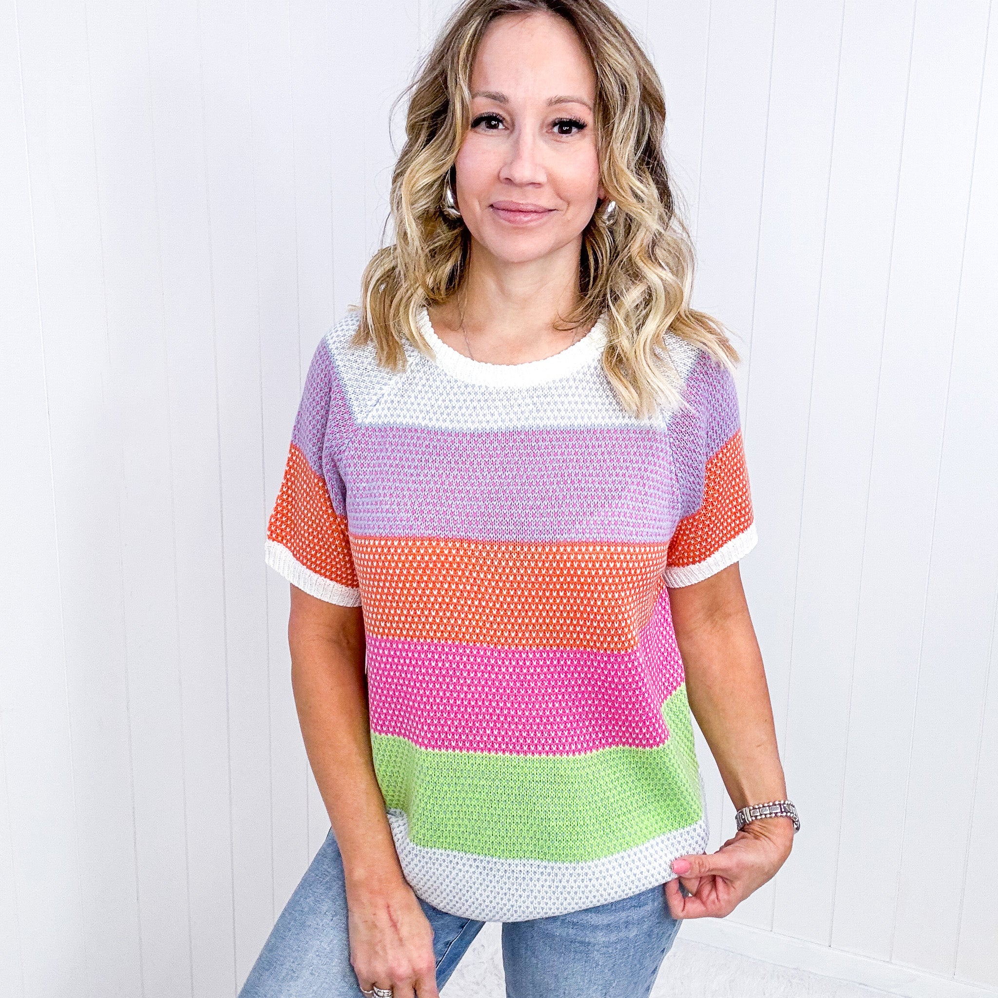 Lavender and Orange Striped Short Sleeve Sweater Top