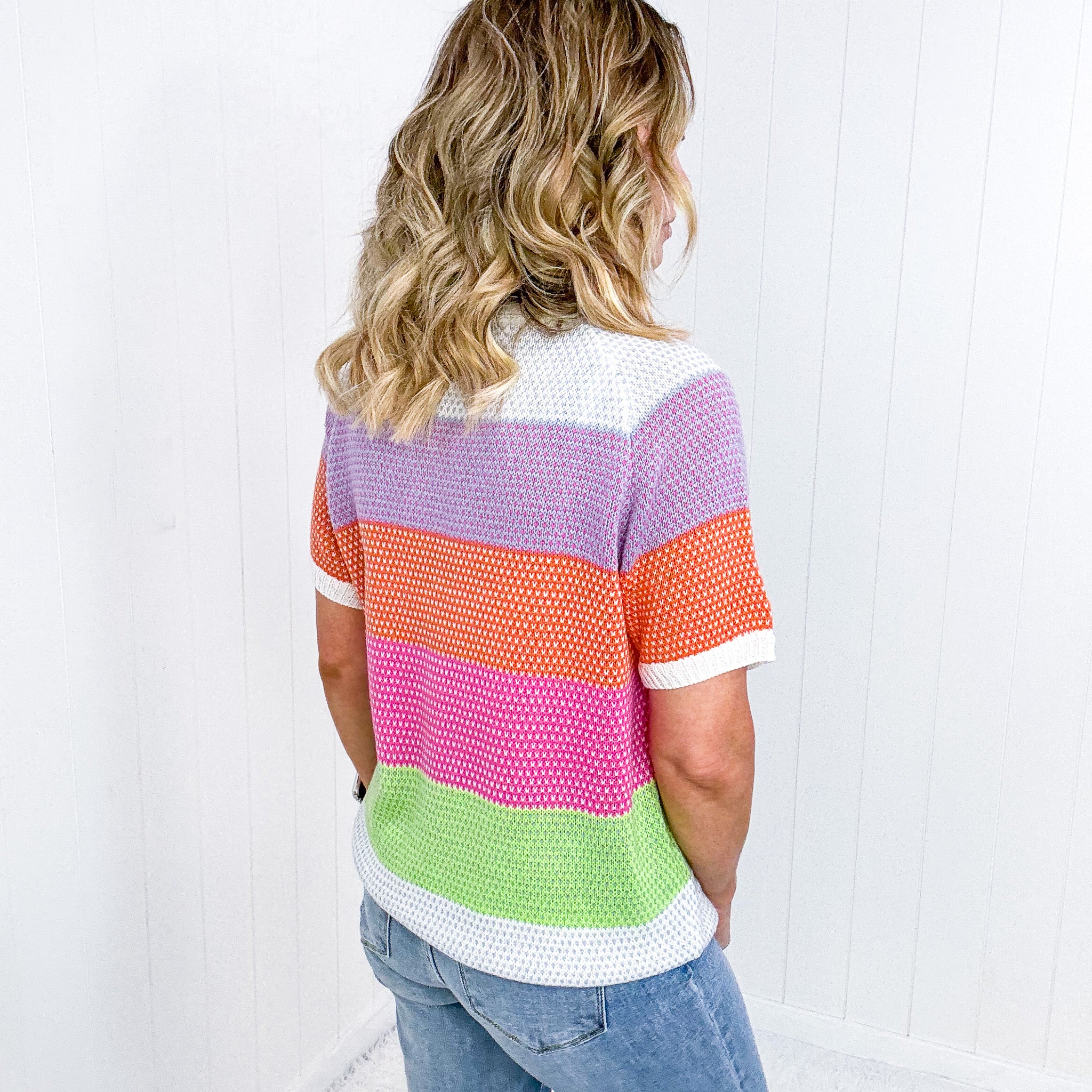 Lavender and Orange Striped Short Sleeve Sweater Top