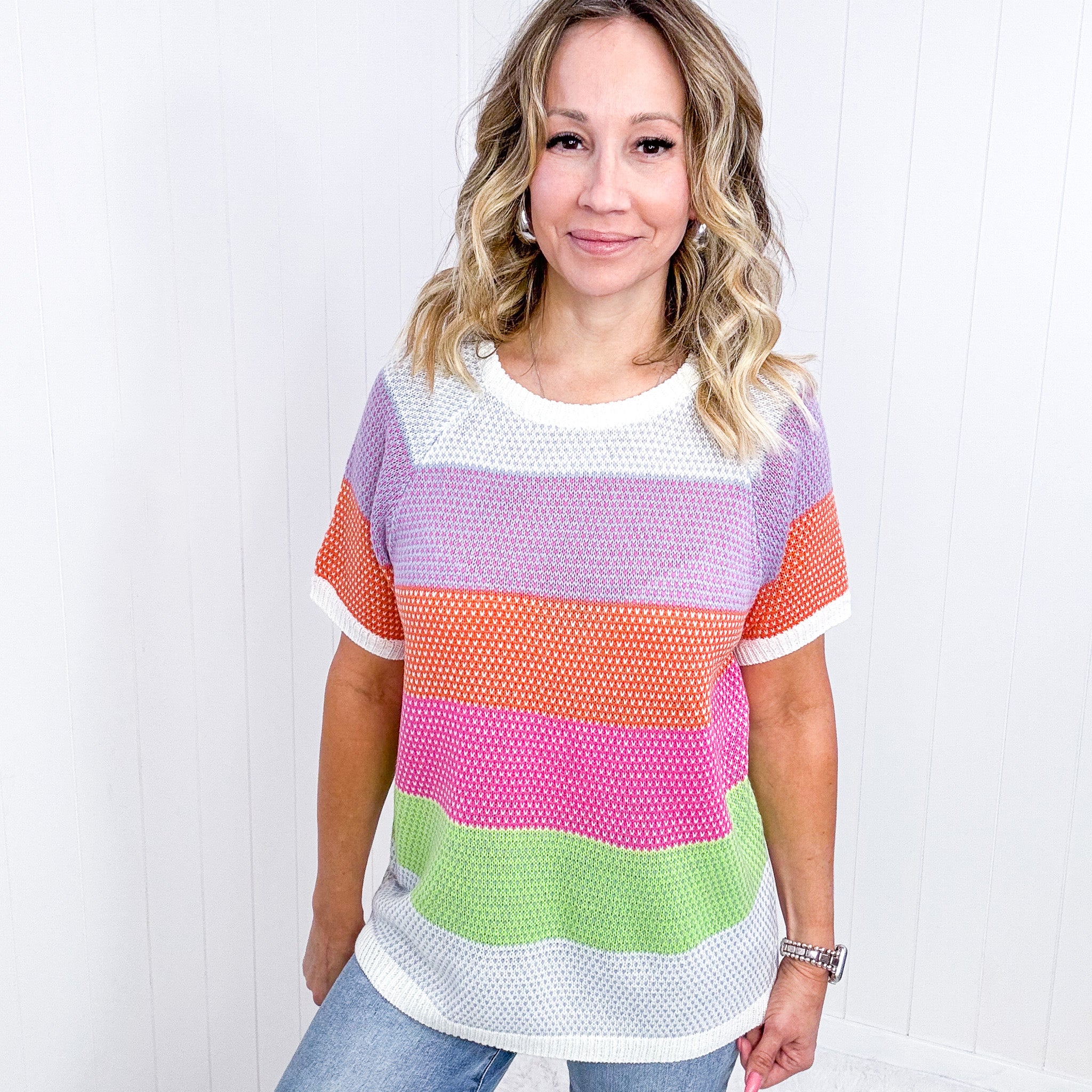 Lavender and Orange Striped Short Sleeve Sweater Top