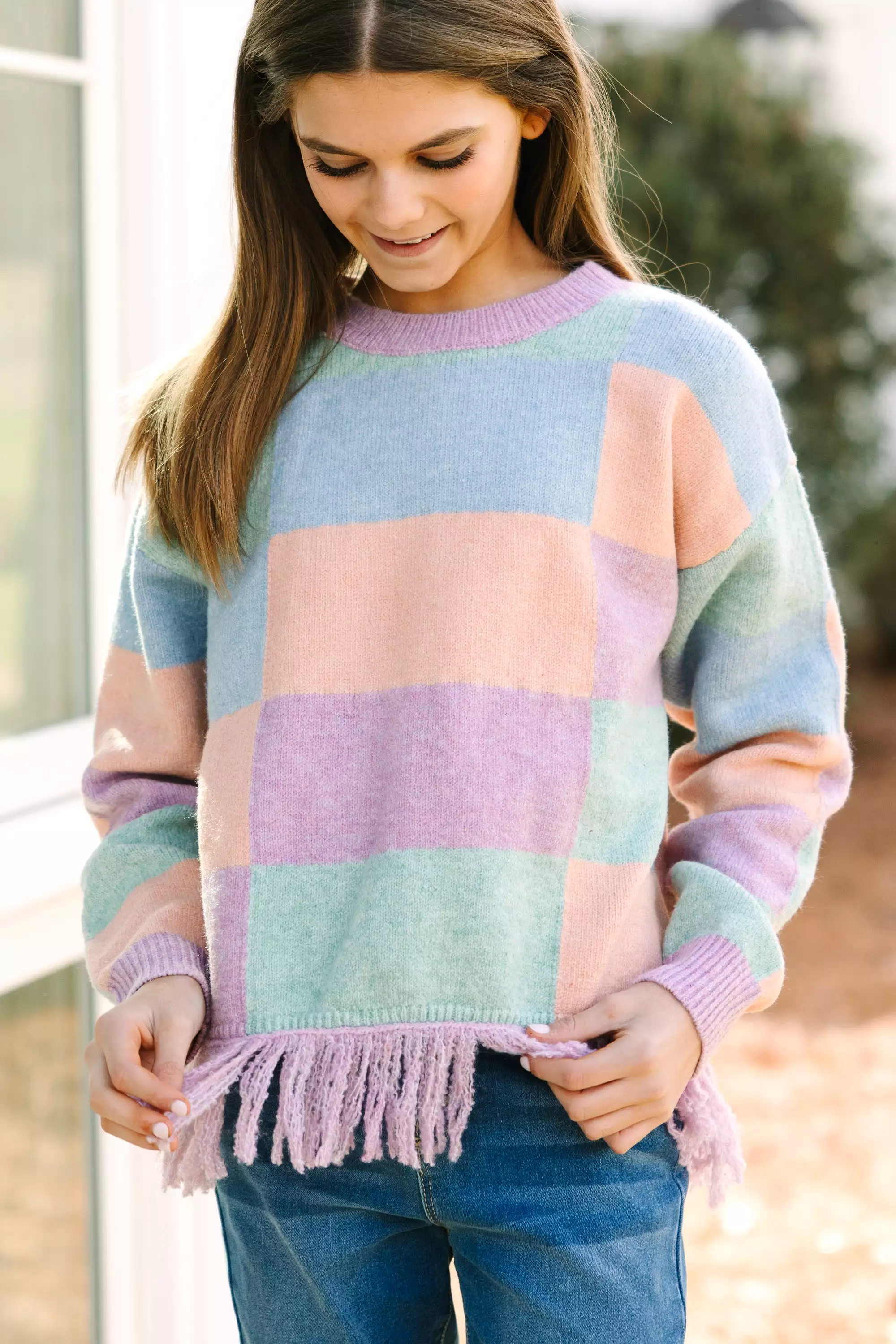 Lavender Multi Checkered Sweater for Girls