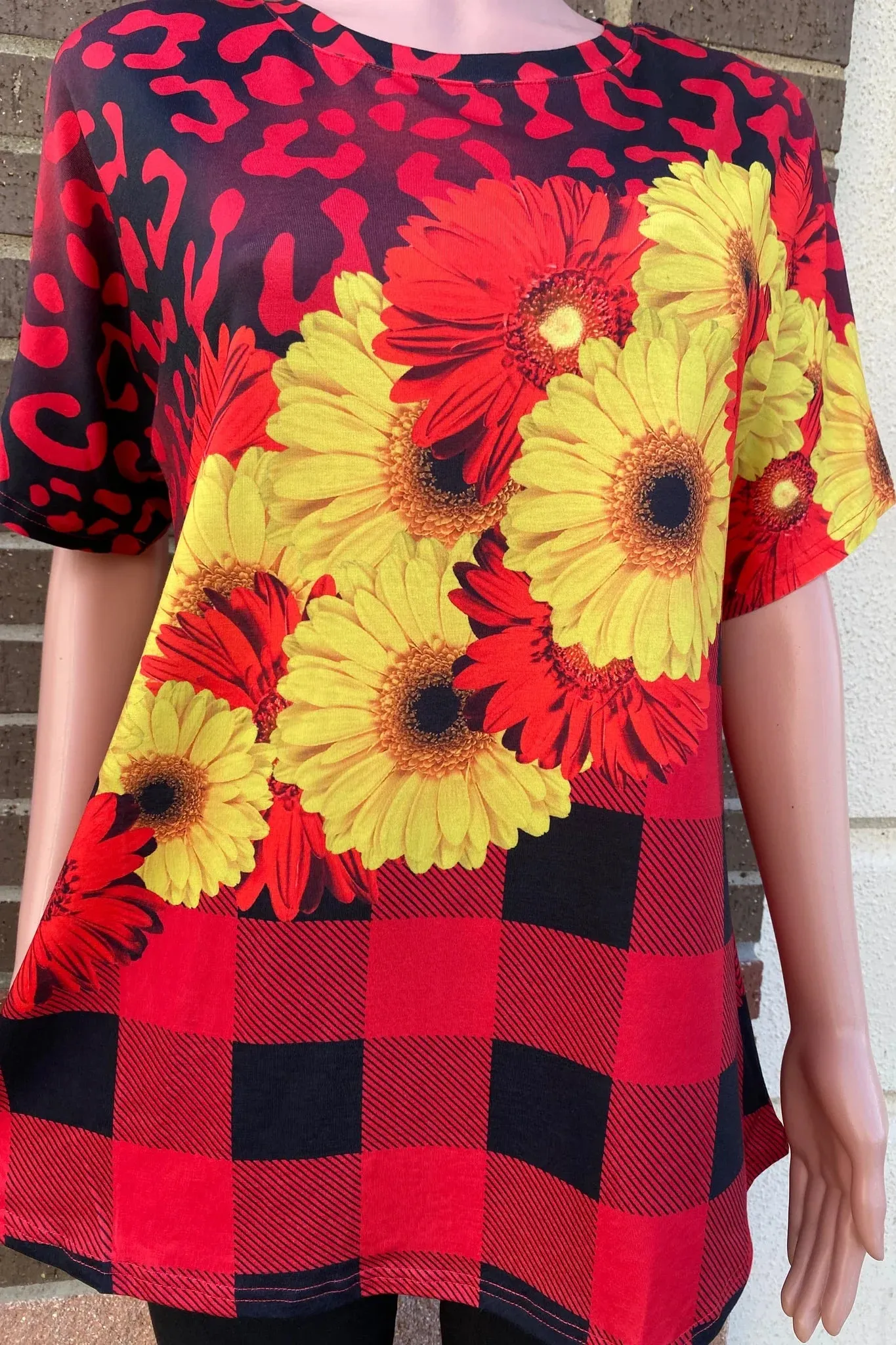 Leopard Print Red Top with Sunflower Design