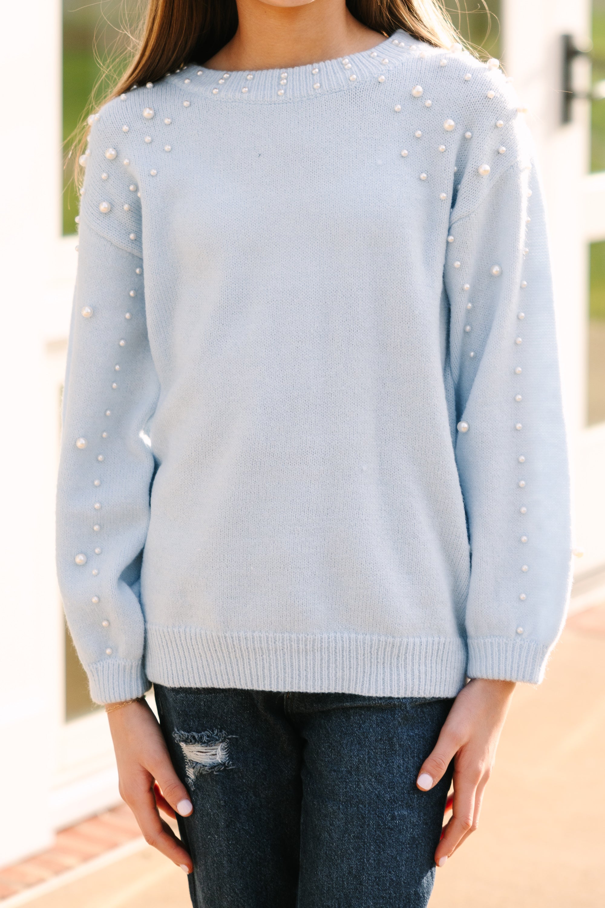 Light Blue Pearl Studded Sweater - Girls' Favorite