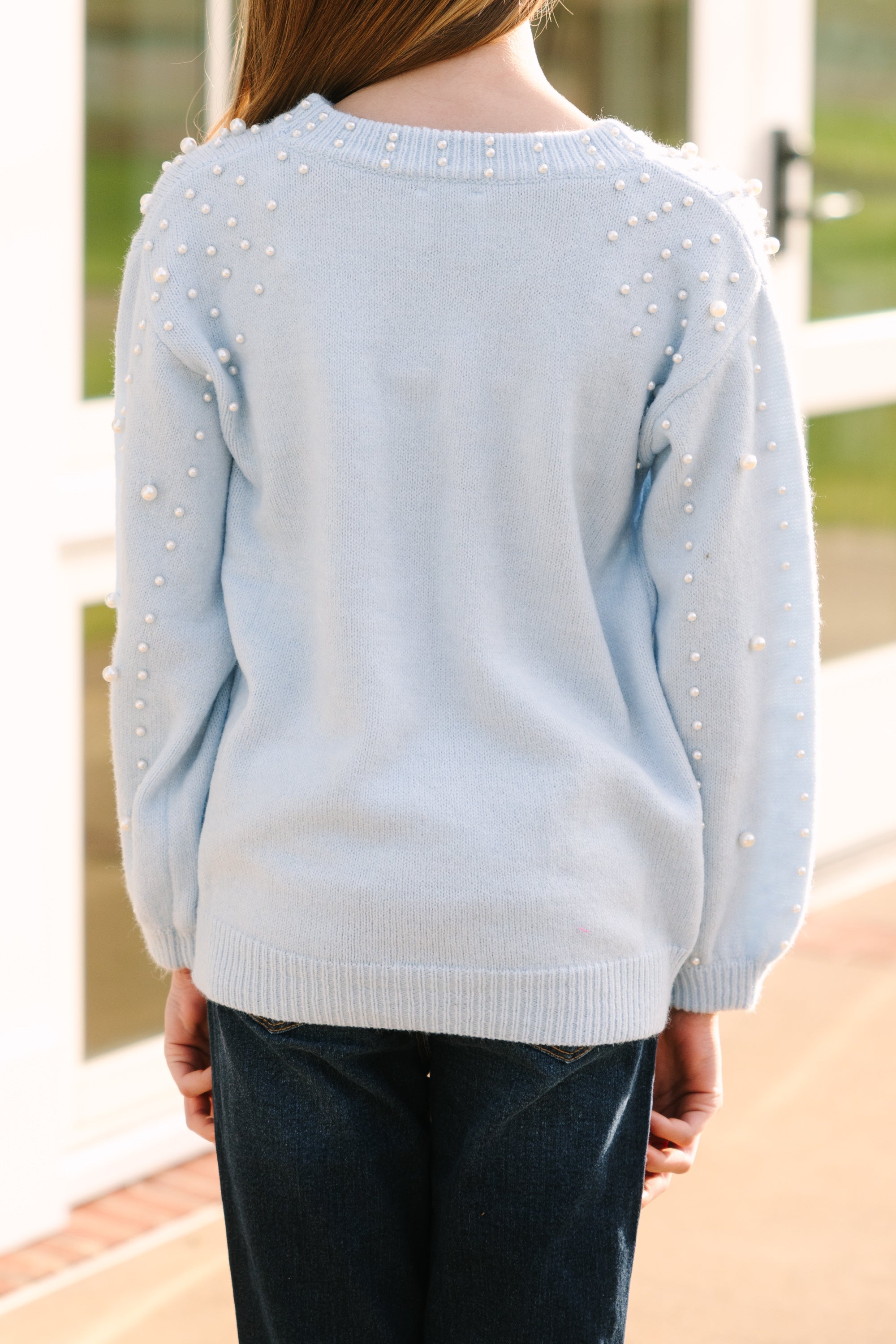 Light Blue Pearl Studded Sweater - Girls' Favorite