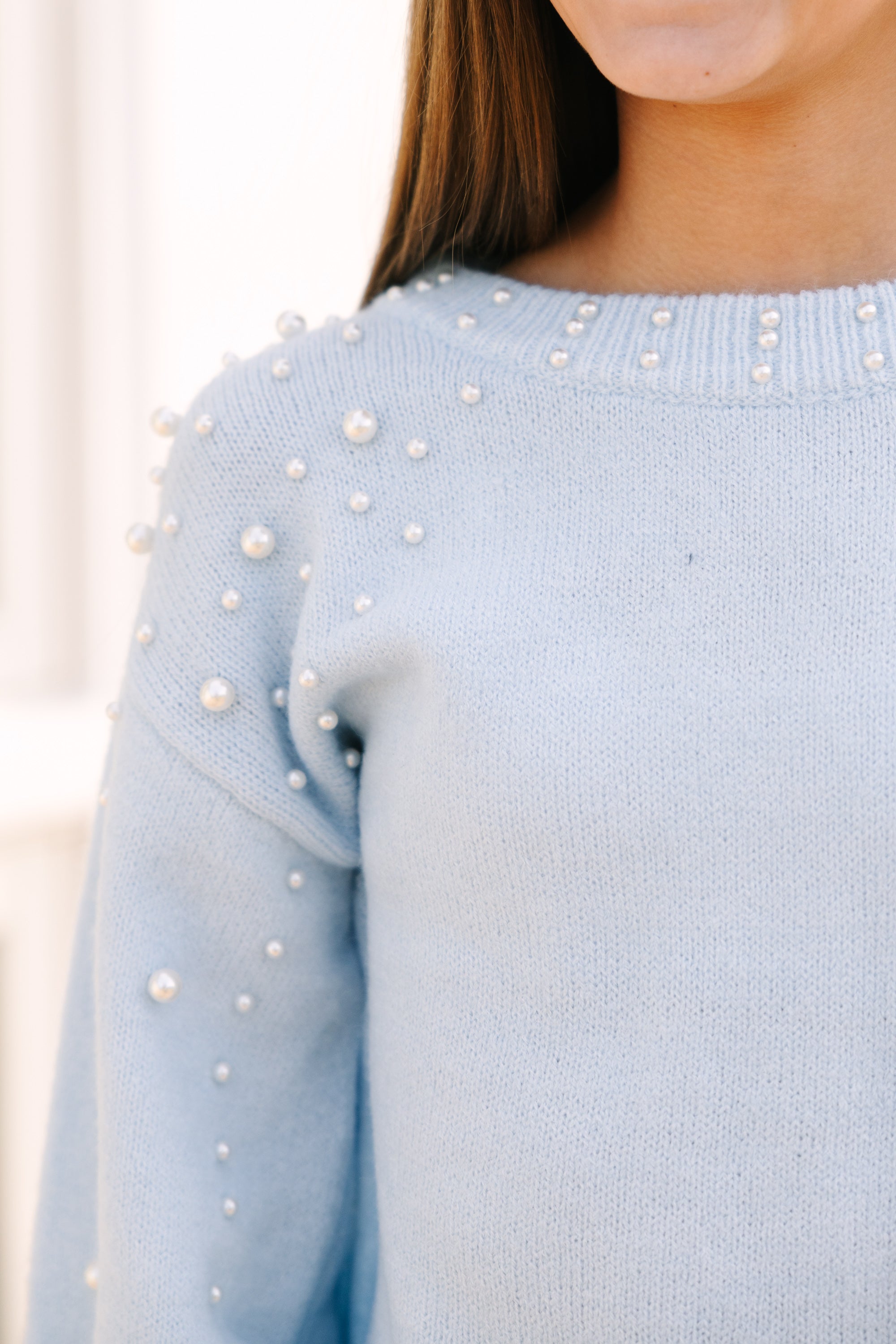 Light Blue Pearl Studded Sweater - Girls' Favorite