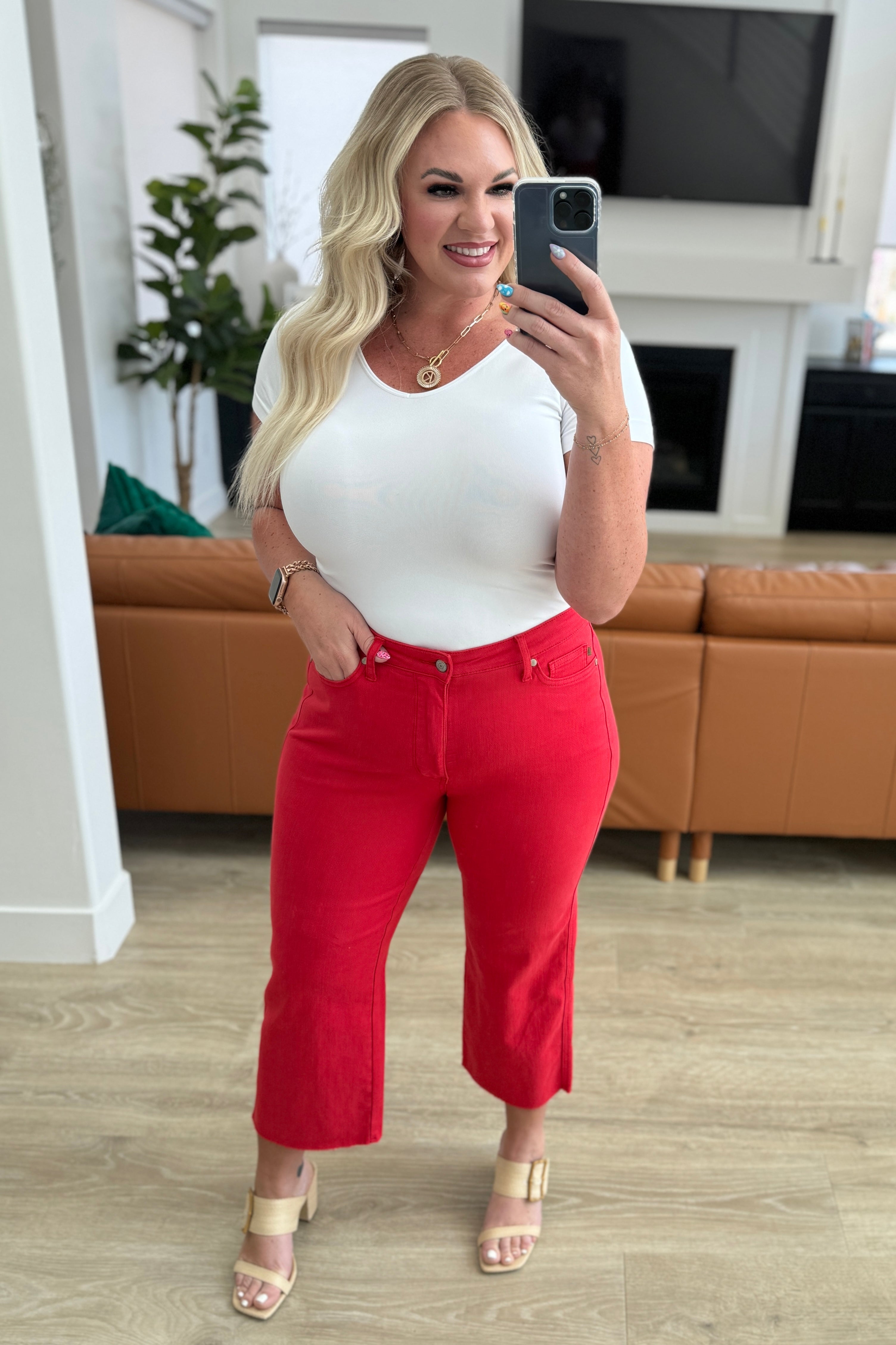 Lisa High Rise Red Control Top Wide Leg Crop Jeans