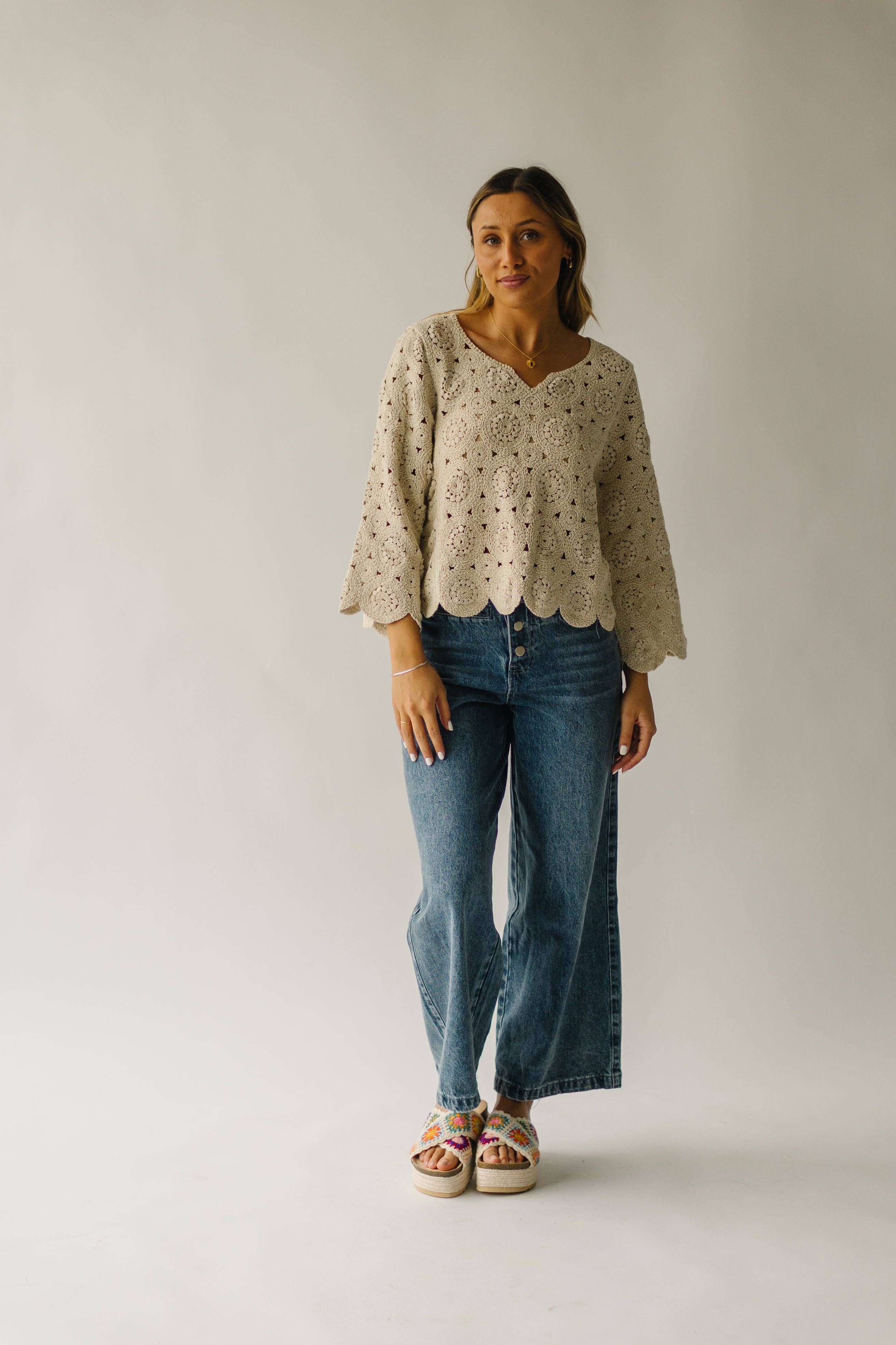 Liska Scalloped Crochet Sweater Natural