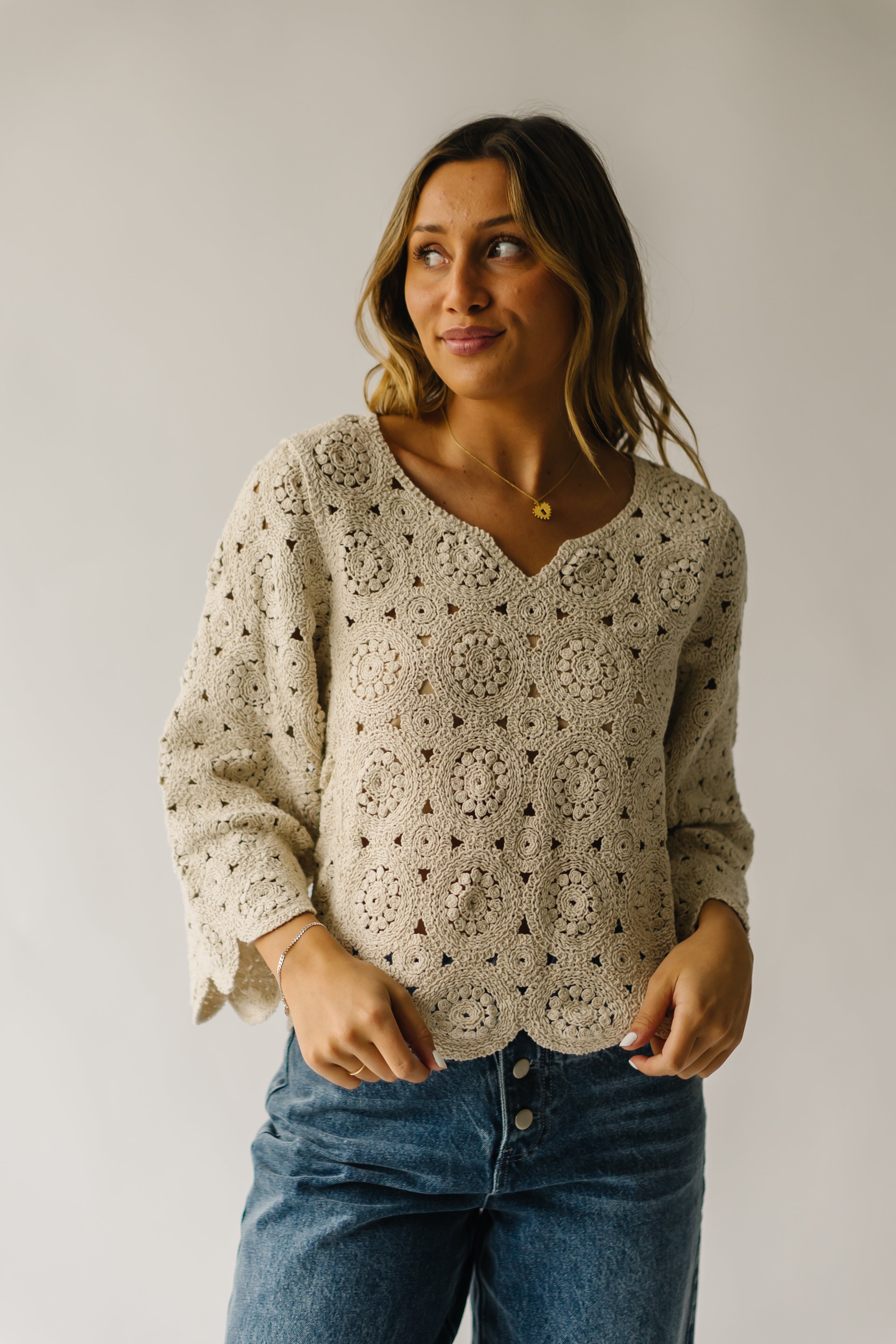 Liska Scalloped Crochet Sweater Natural