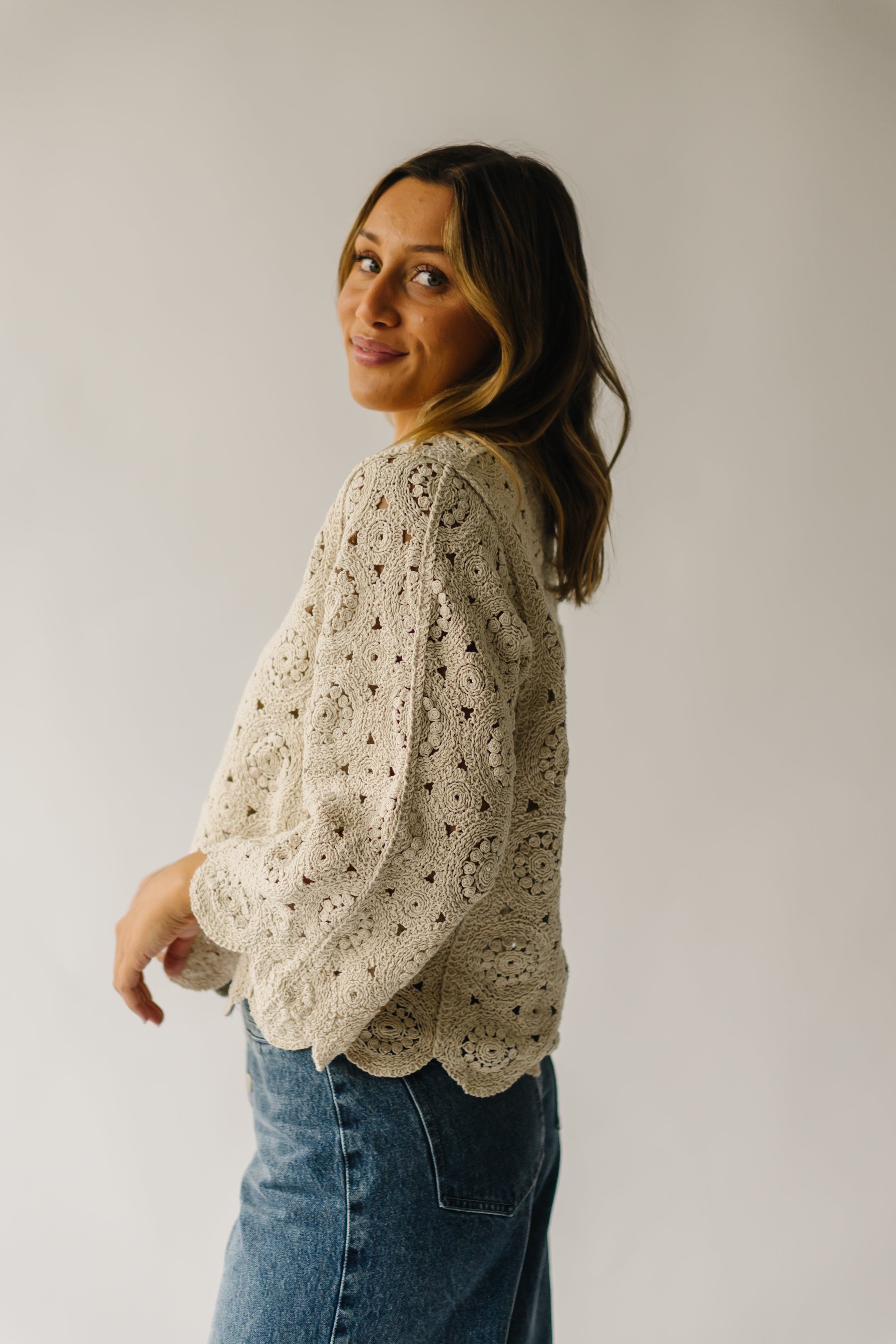 Liska Scalloped Crochet Sweater Natural