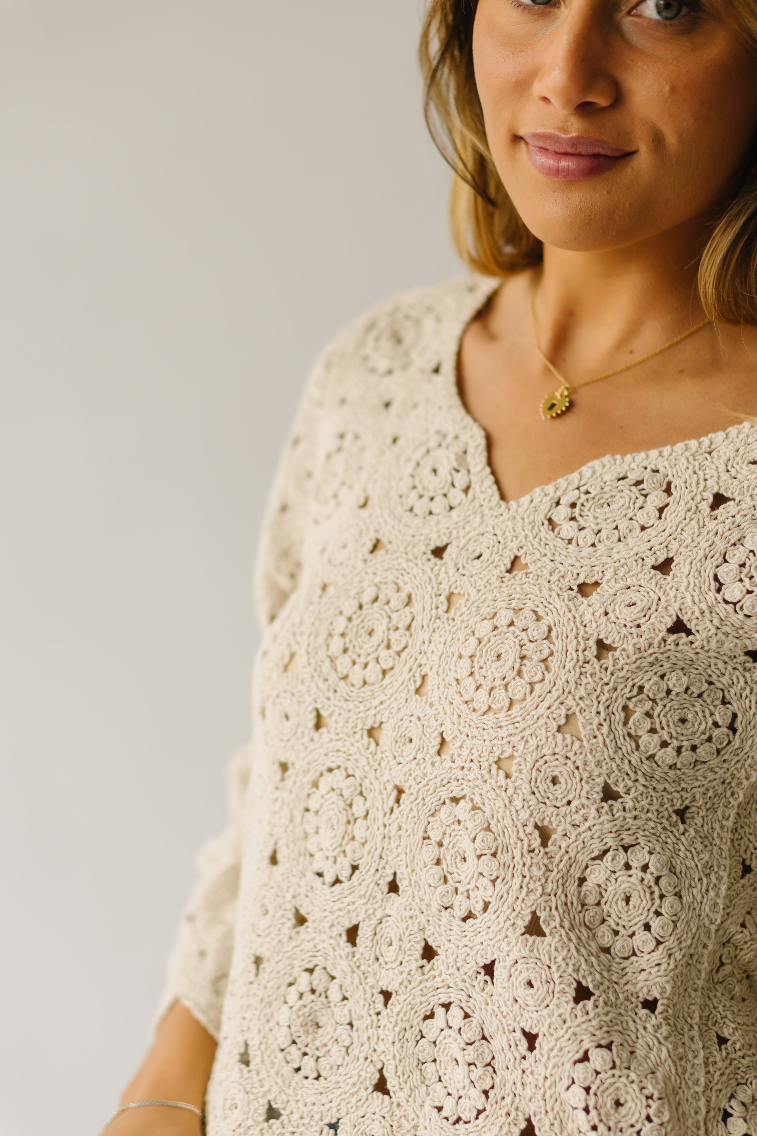 Liska Scalloped Crochet Sweater Natural