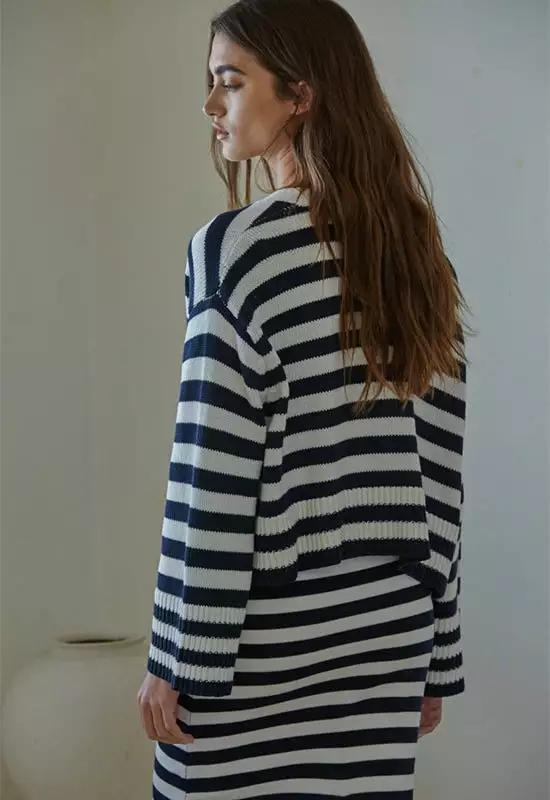 Long Sleeve Striped Cardigan Sweater - Navy Ivory