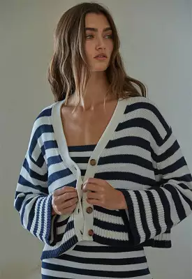 Long Sleeve Striped Cardigan Sweater - Navy Ivory