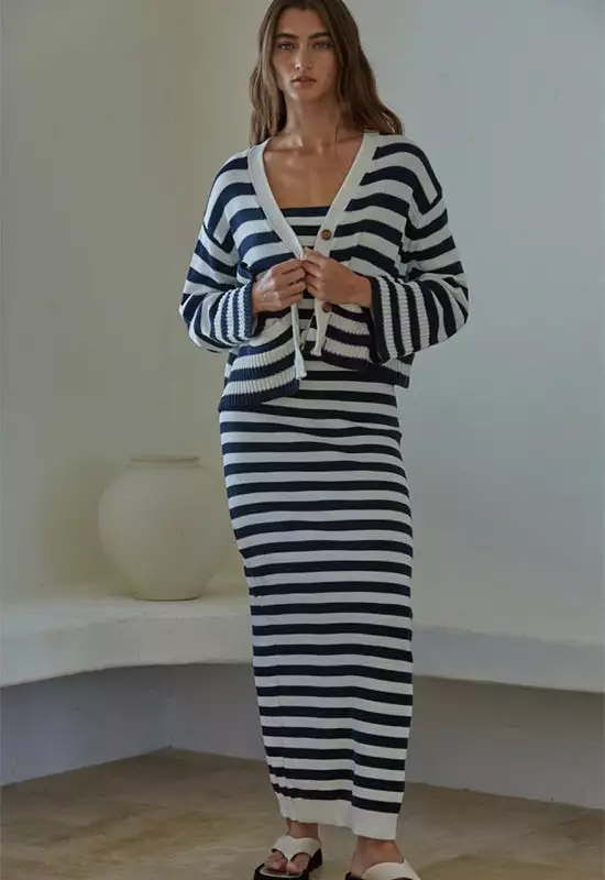 Long Sleeve Striped Cardigan Sweater - Navy Ivory