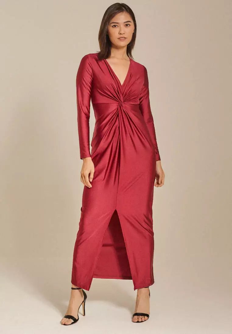 Long Sleeve V Neck Split Pleated Long Dress - XL - B84946