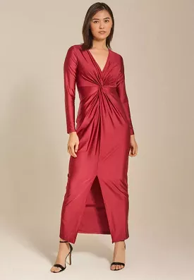 Long Sleeve V Neck Split Pleated Long Dress - XL - B84946