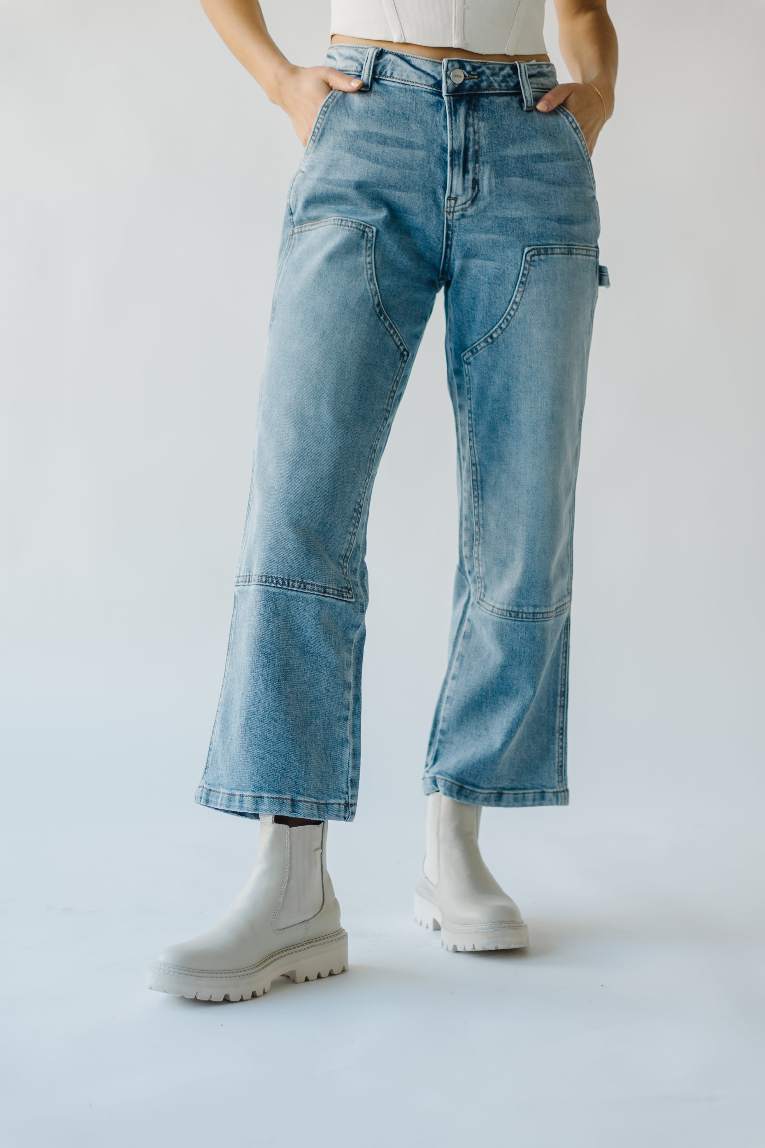 Loria light blue straight leg carpenter jeans.